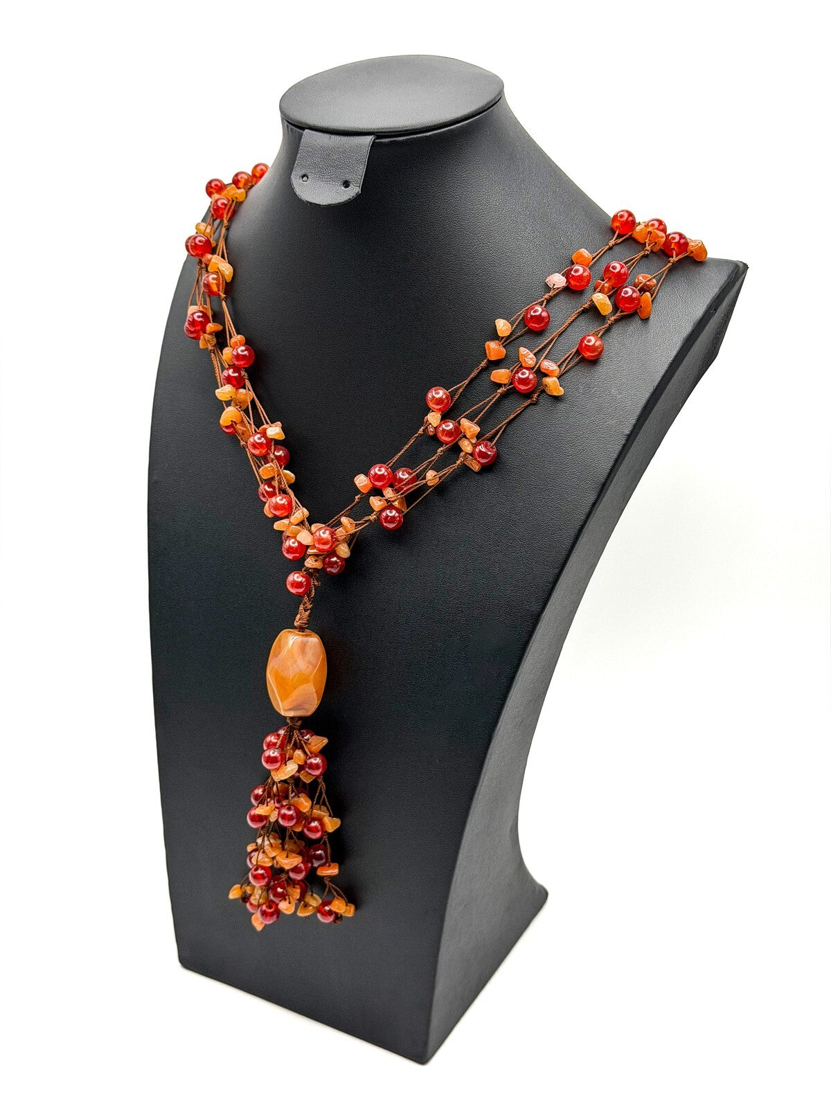VTG Orange Glass, Acrylic & Carnelian Hand-knotted Statement Boho Necklace