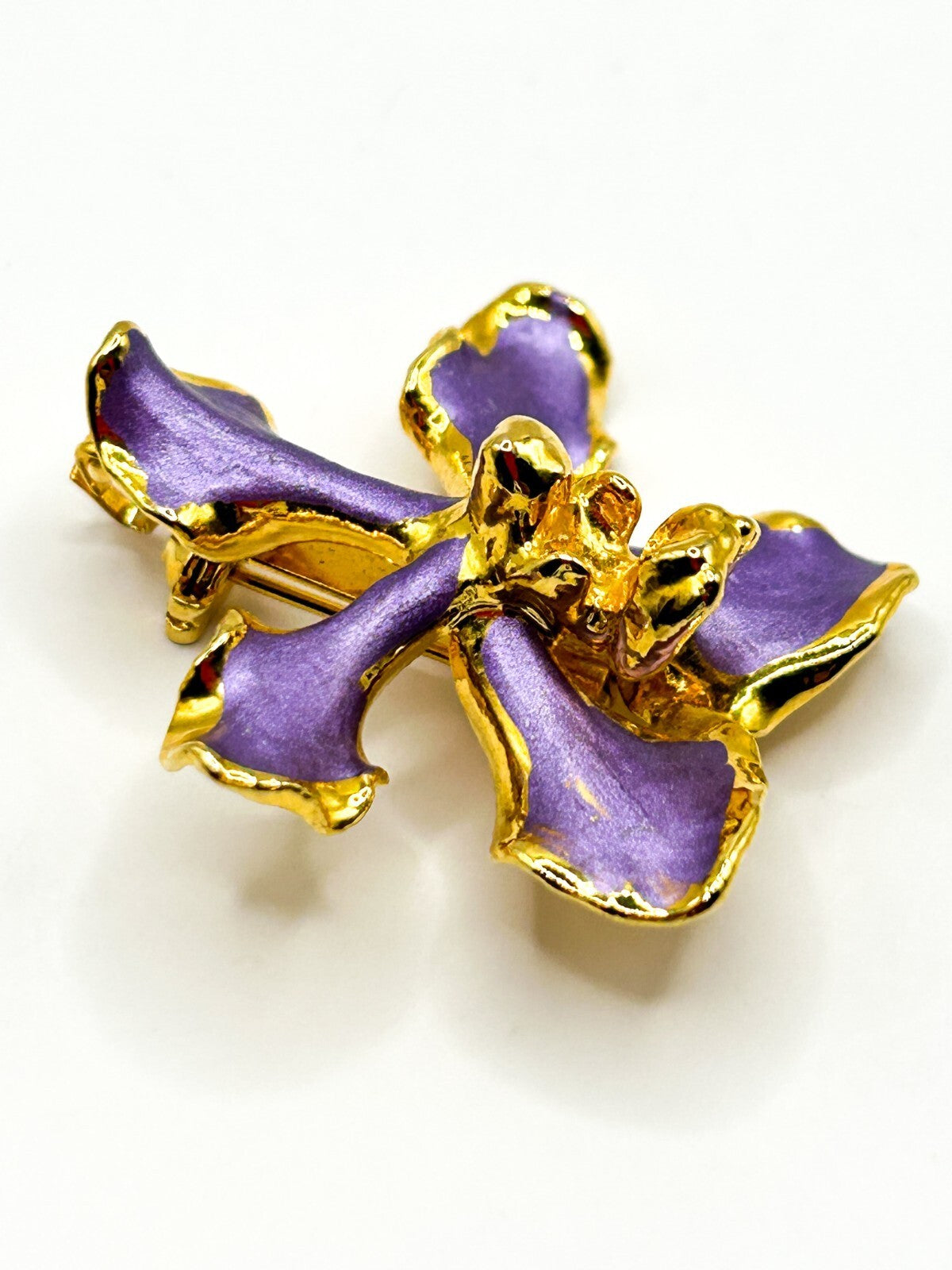 Vintage Purple Enamel Orchid Brooch 22K Gold Plated Floral Flower Jewellery