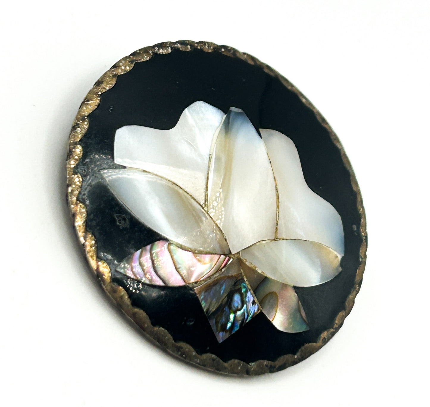 Vintage Alpaca Mexico Mother of Pearl Brooch Abalone Shell Inlay Floral Pin