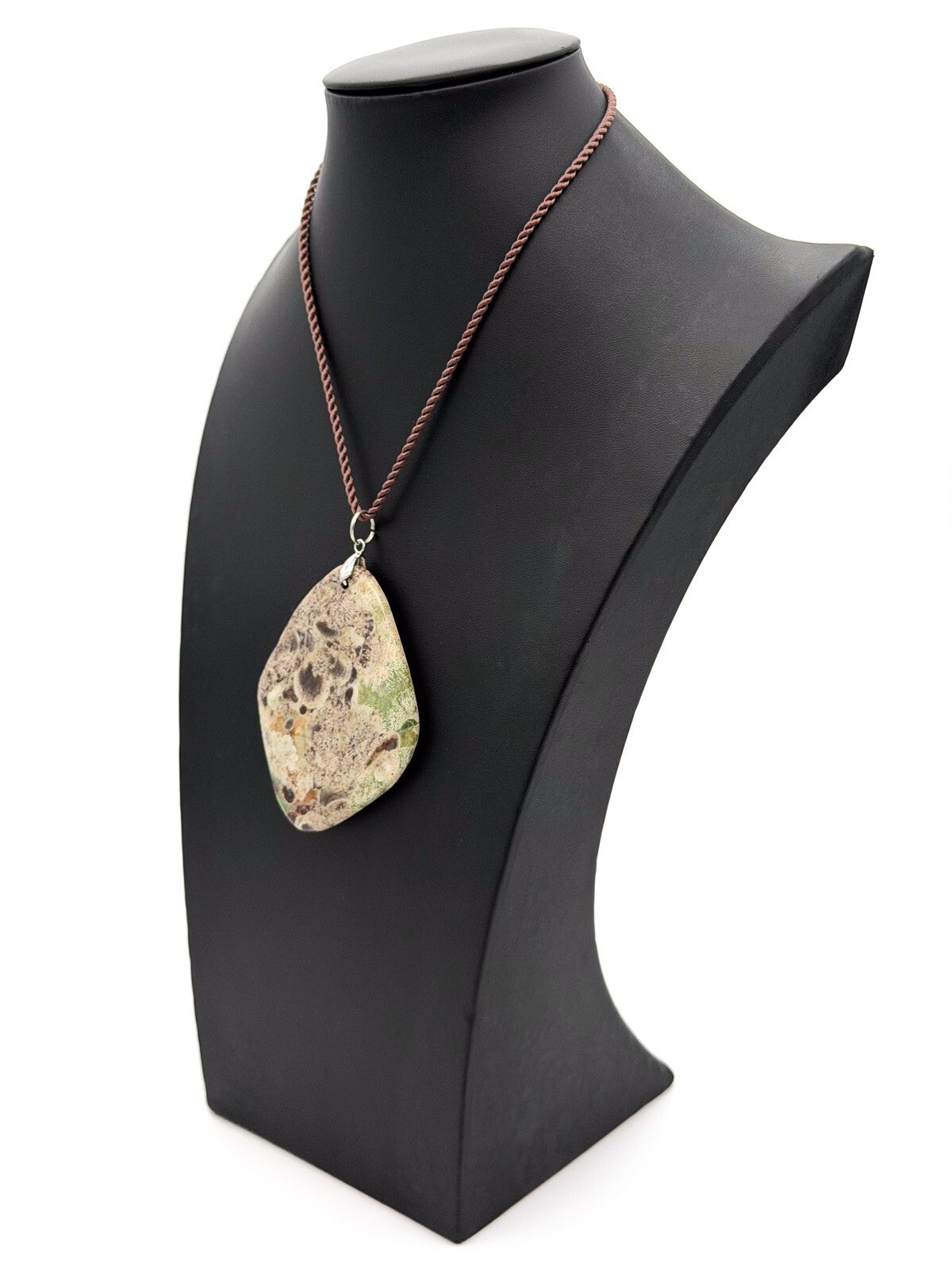 Ocean Jasper Large Pendant Necklace Brown Cord 16” Semi Precious Green