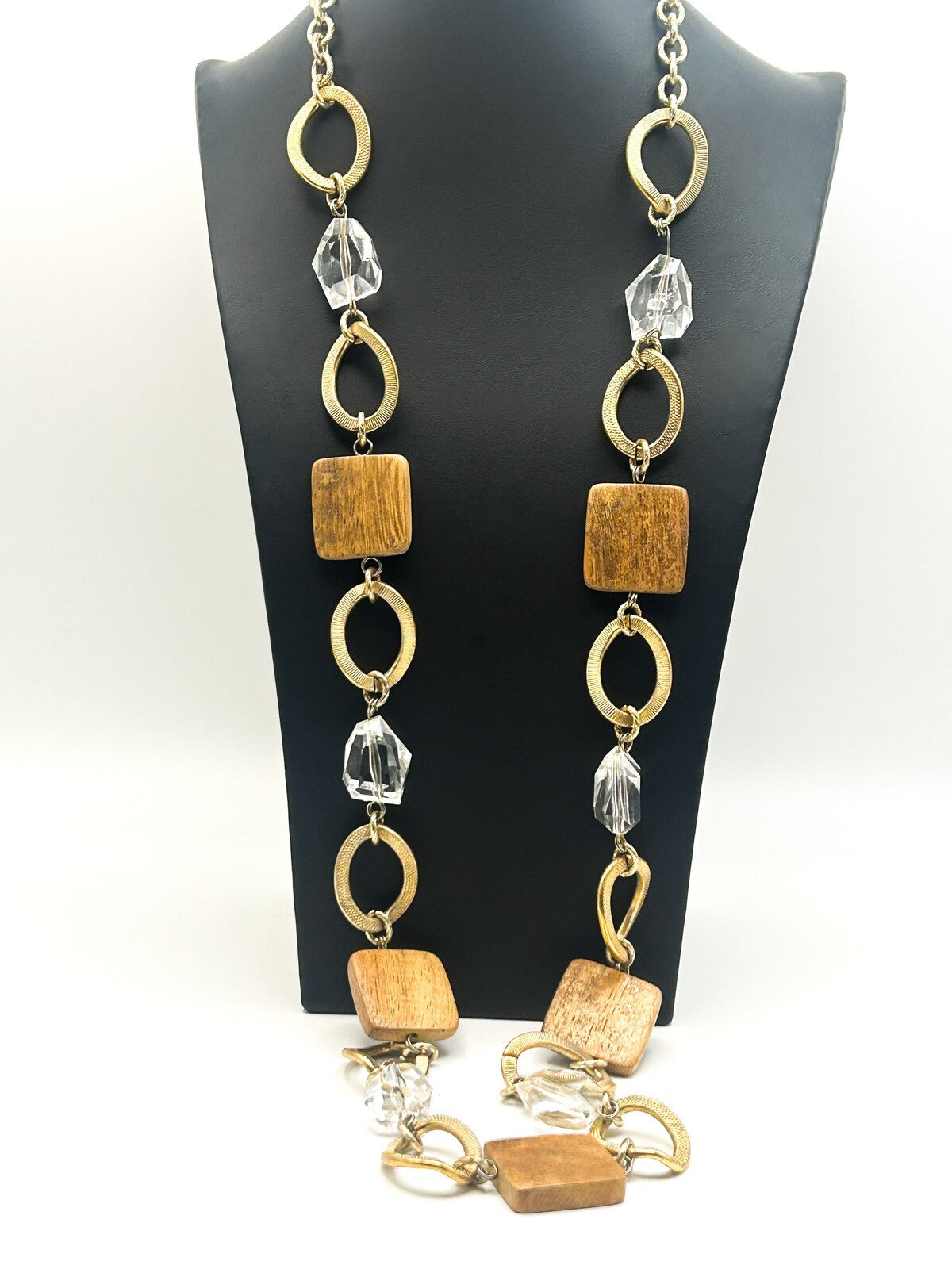 Long Linked Wood, Gold Tone & Clear Acrylic Statement Necklace