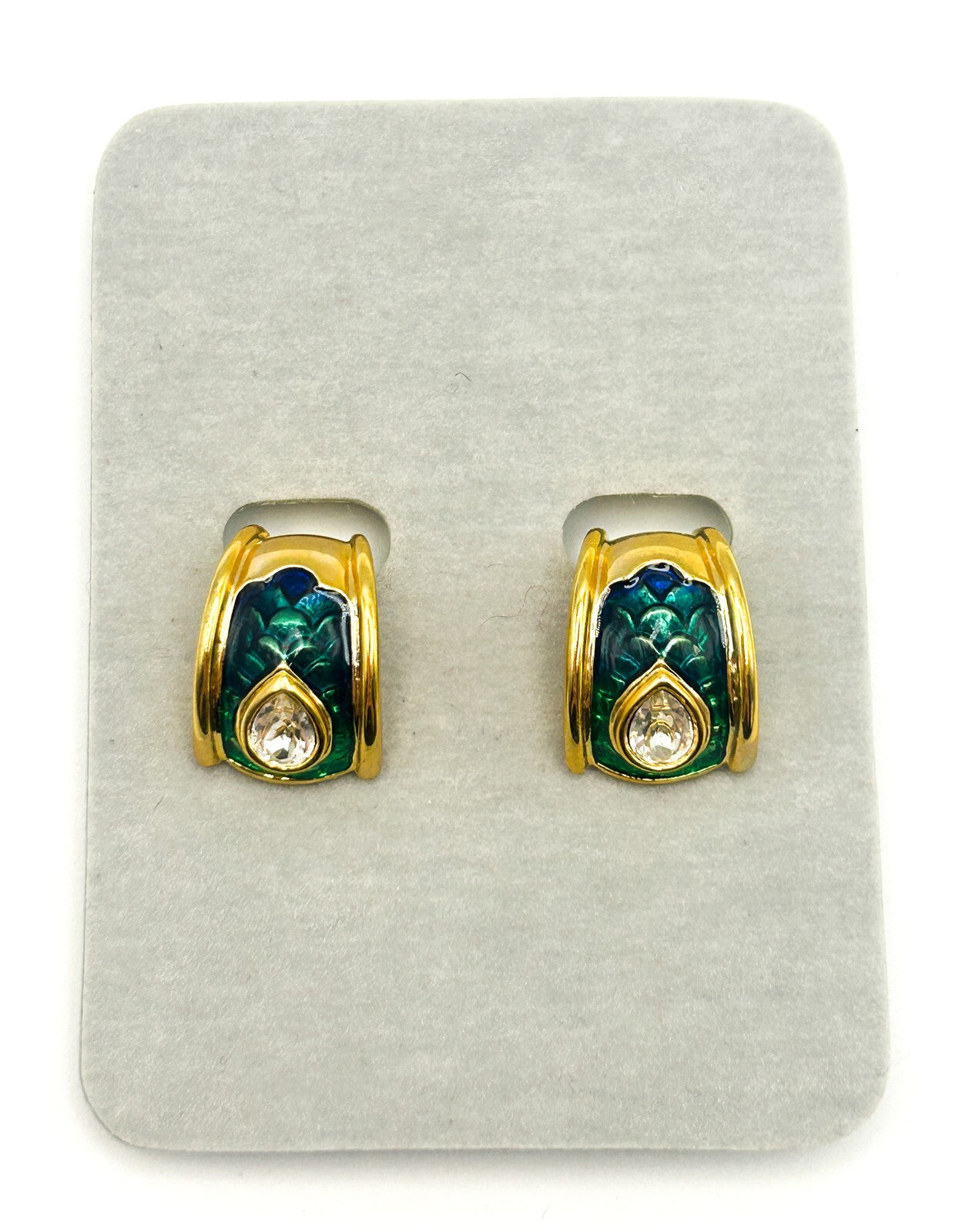 Vintage Cabouchon Angel Fish Brooch & Earrings Set Green Enamel Rhinestone NOC