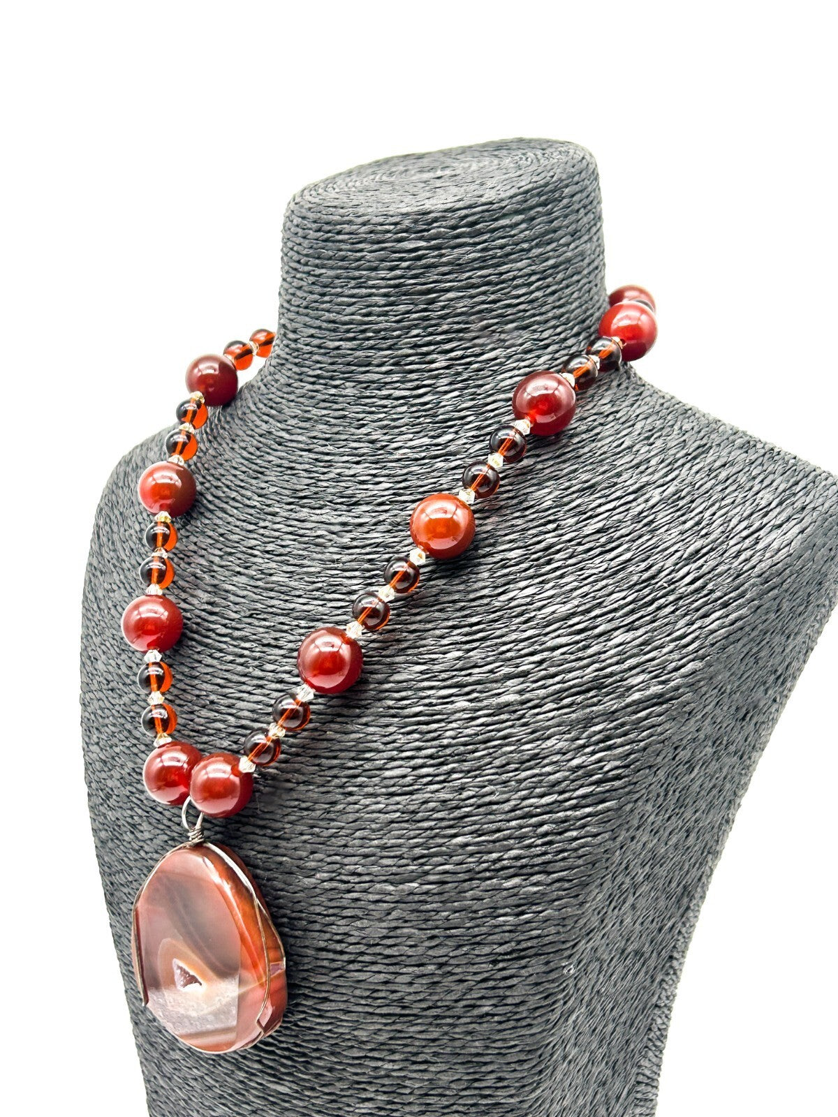 Carnelian Agate Pendant Necklace Quartz Inclusion Geode Artisan Gemstone  Boho