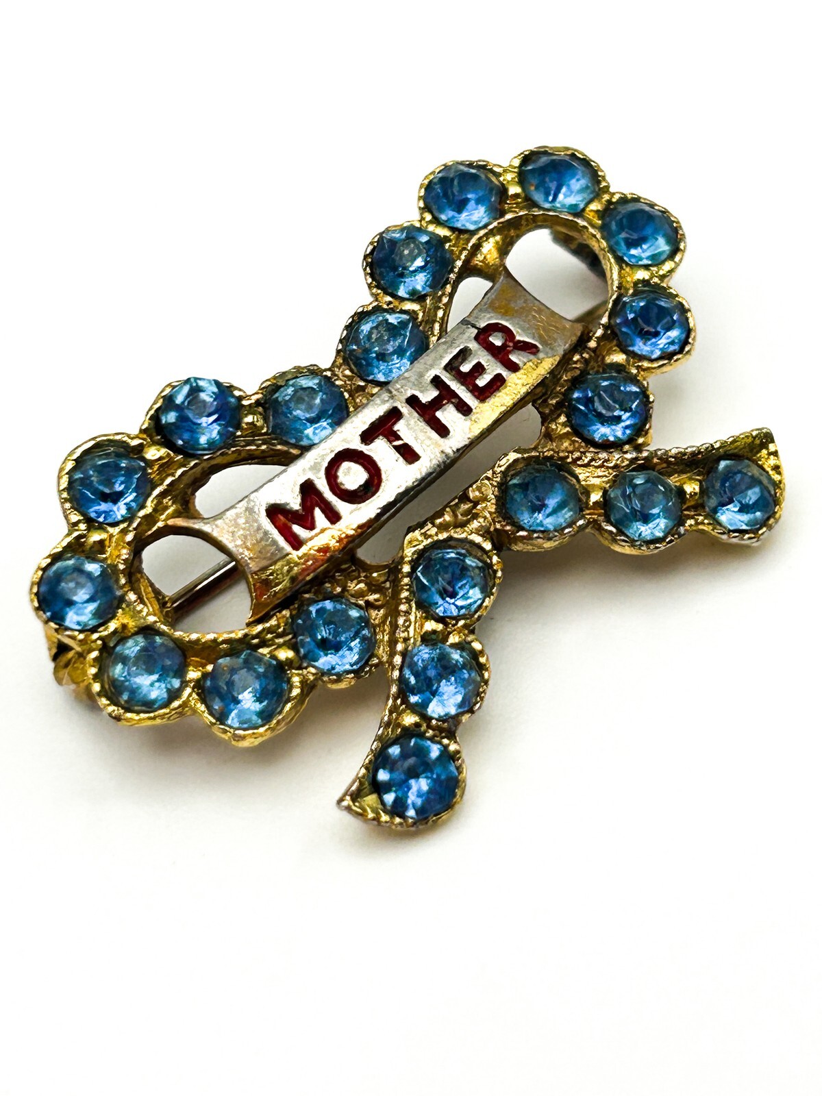 Vintage Mother Brooch 1960s Blue Rhinestone Bow Gold Tone Pin Retro Mum Mom