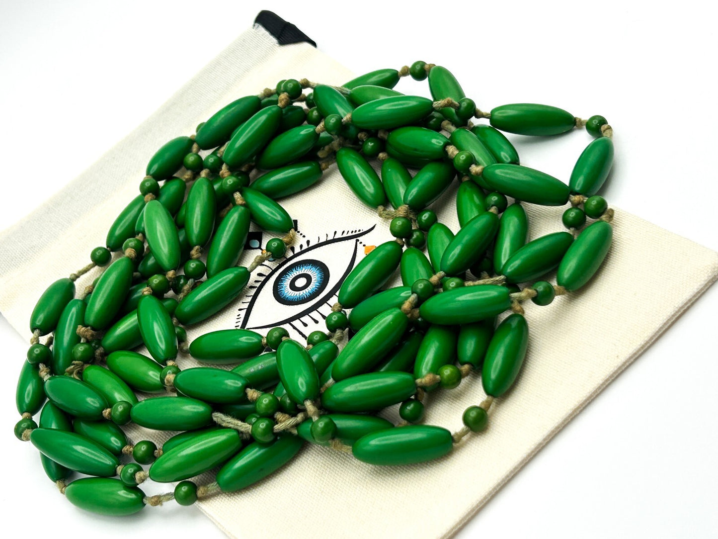 Pair of Vintage Early Plastic Green Hand-knotted Beaded Necklaces