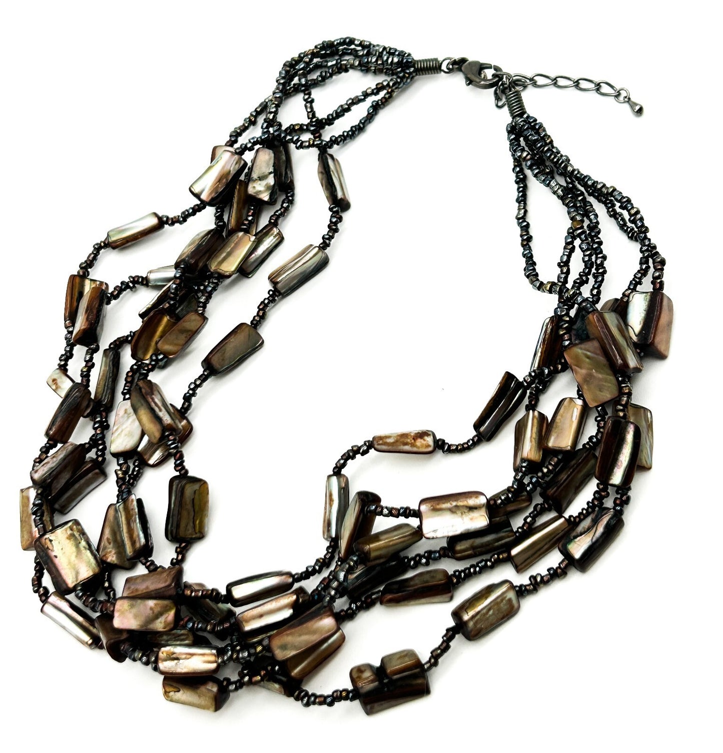 M&S Layered Shell Nugget Necklace Gunmetal Seed Bead Statement Boho Beach