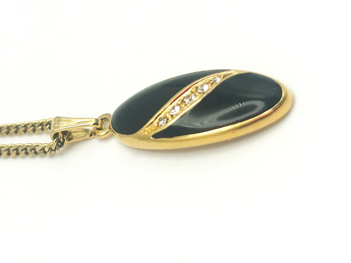 Vintage Avon Black Enamel, Rhinestone & Gold Tone Pendant Necklace 80s Style
