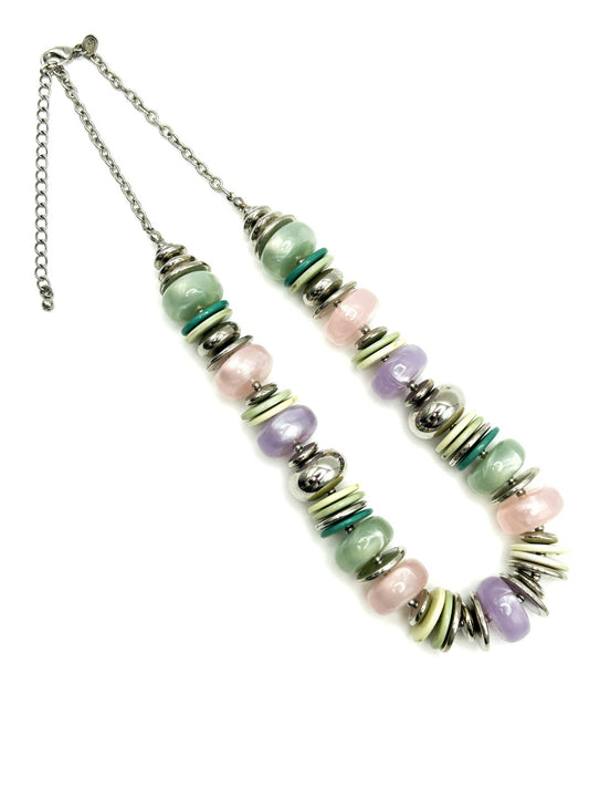 Vintage 90s-Y2K M&S Pastel Disc Bead Necklace with Silver Tone Spacers