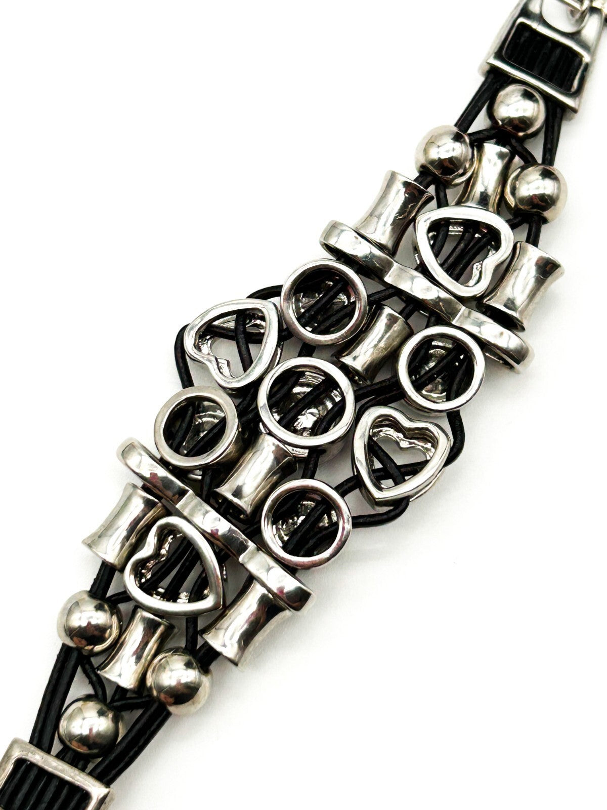 Miss Chic Silver Tone Industrial Y2K Chunky Heart Bracelet Deep Blue Rhinestones