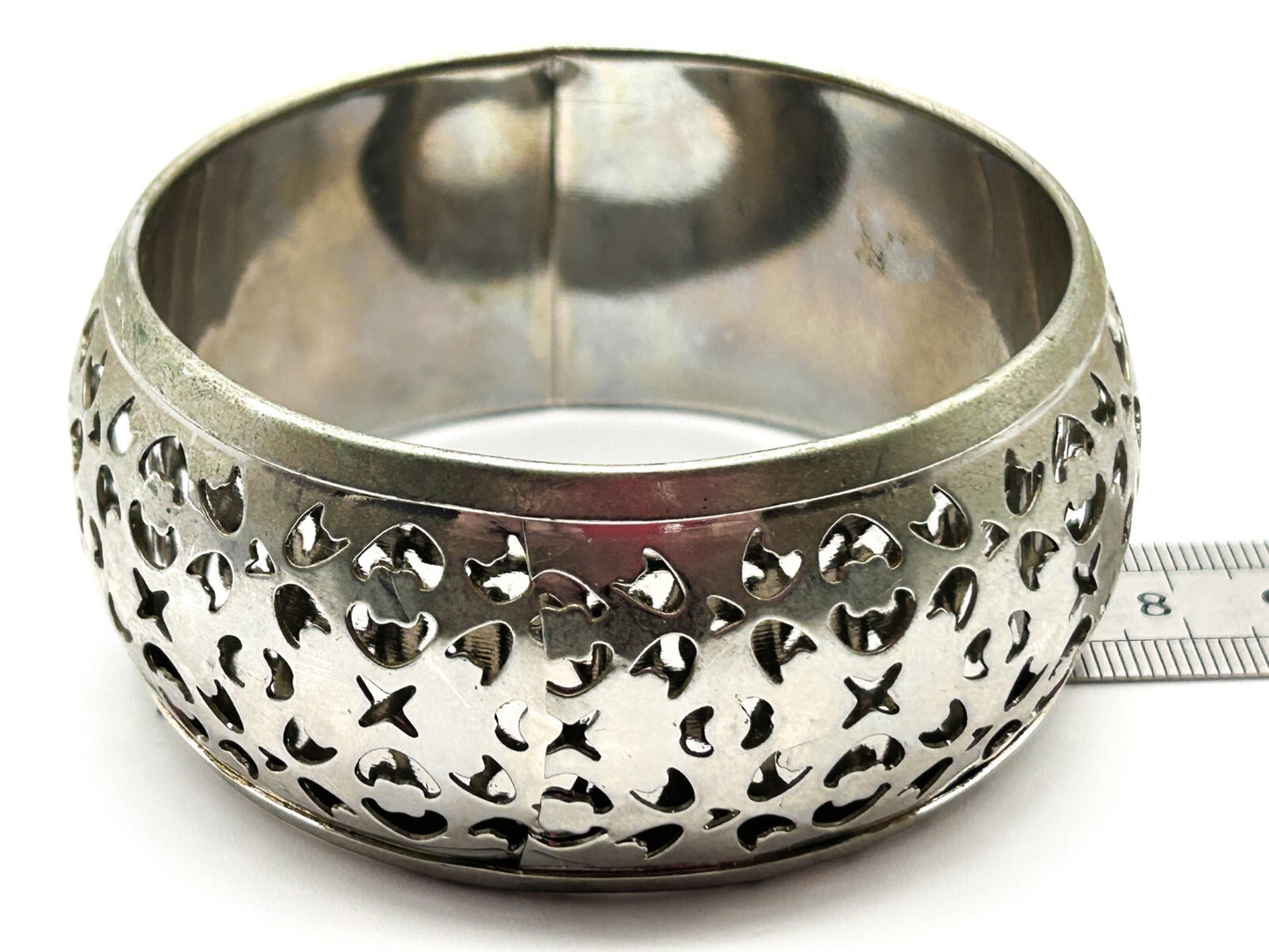 Chunky Silver Tone Openwork Bangle Bracelet Cuff