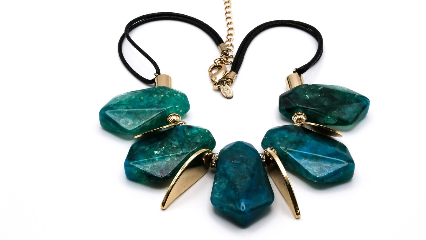 M&S Green, Turquoise & Gold Disc Statement Necklace | 17" + extender