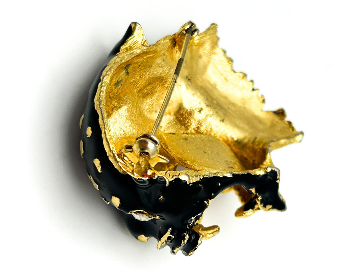 Vintage Black Panther Brooch Gold Enamel Rhinestone Eyes Statement Pin