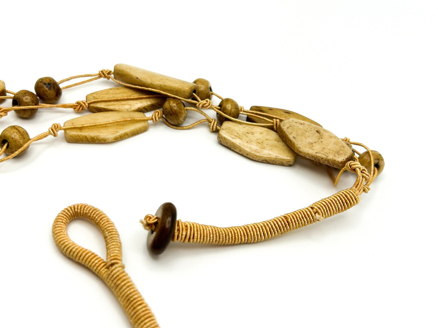 Vintage 70s Multi-Strand Macramé Organic Bead Boho Necklace - Tan & Beige 21.5"