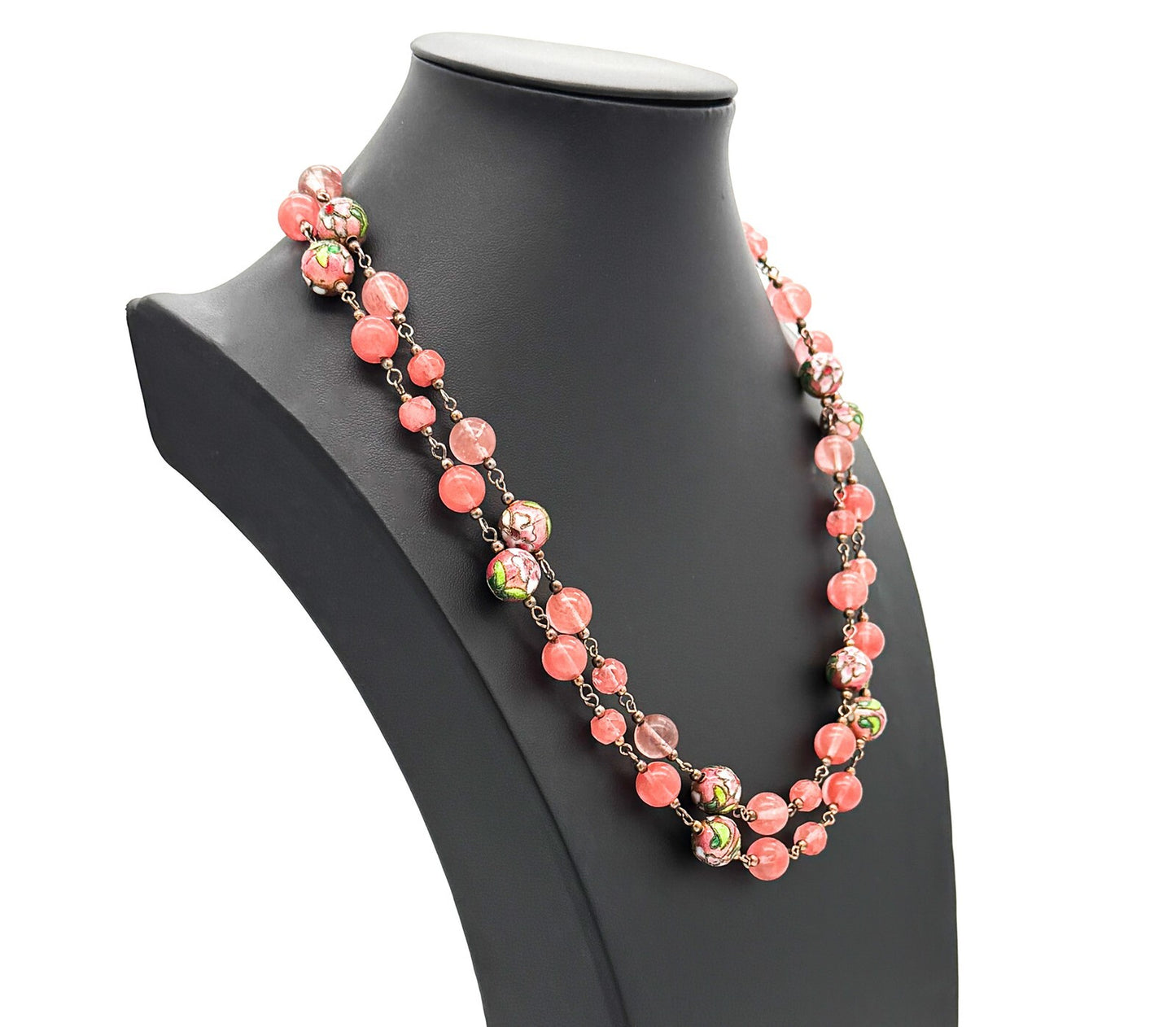 Vintage Pink Glass Bead Necklace Double Strand Cloisonné Accent Beads Summer