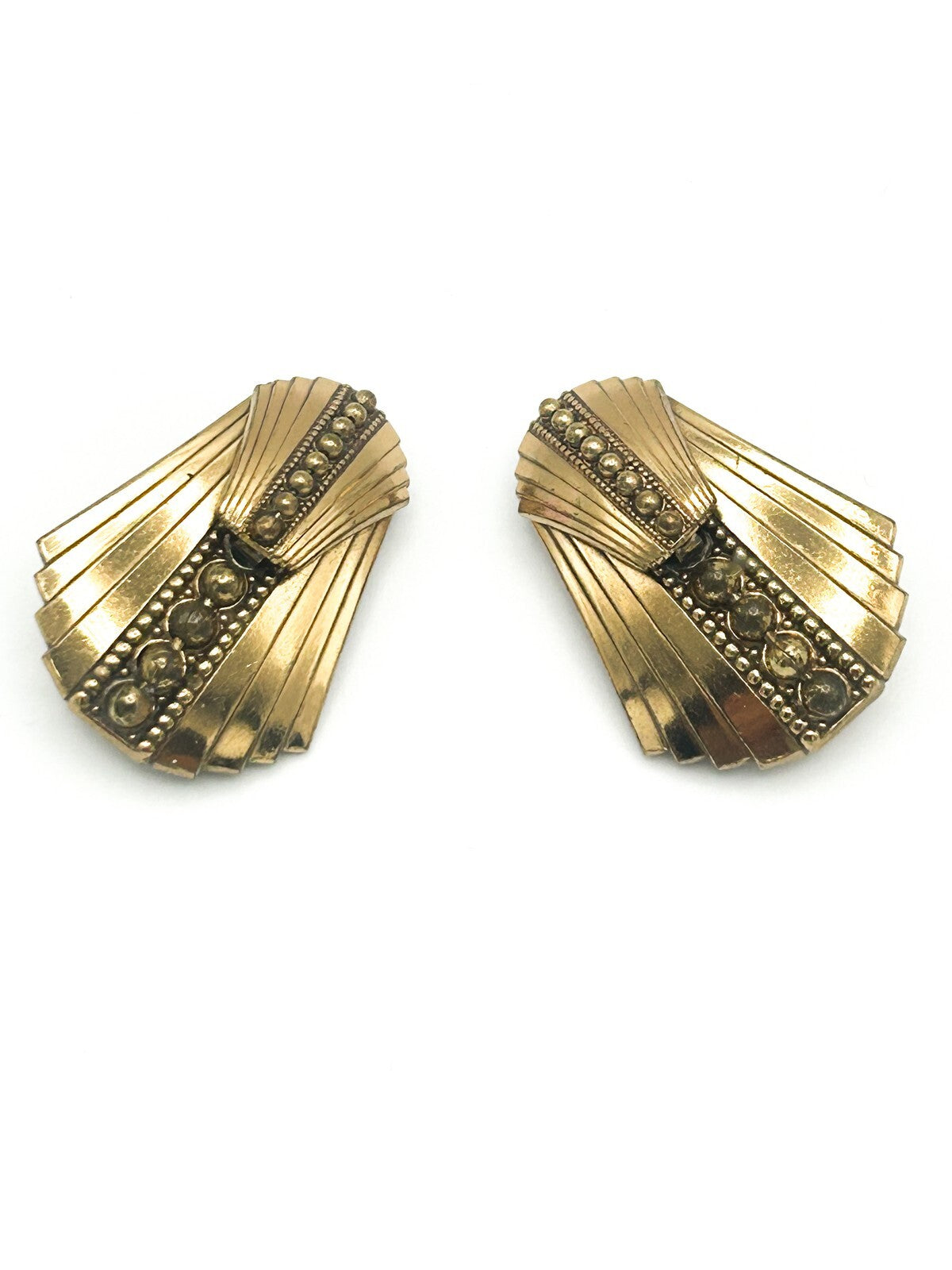 Signed ERMANI BULATTI Gold Tone Art Deco Style Fan Clip Earrings 1980s Vintage