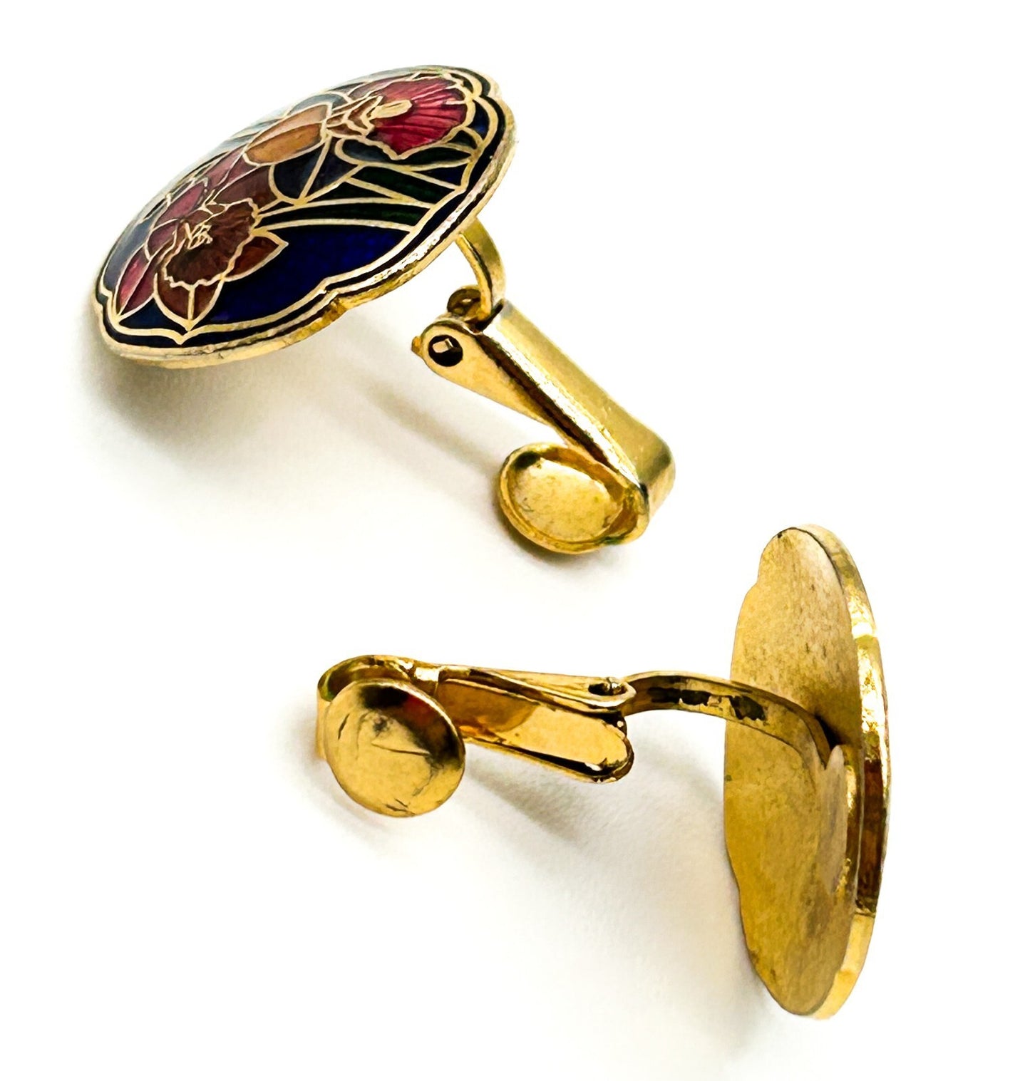 Vintage Cloisonné Floral Clip On Earrings – Blue Enamel Round Studs Red Flower