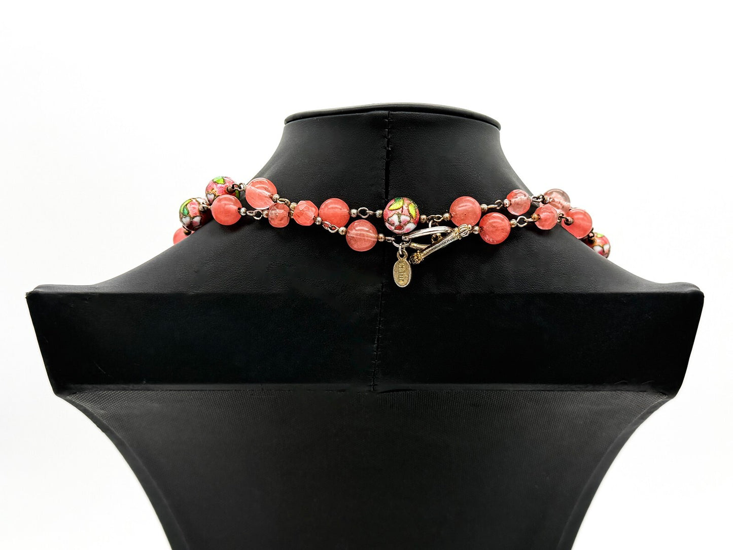 Vintage Pink Glass Bead Necklace Double Strand Cloisonné Accent Beads Summer