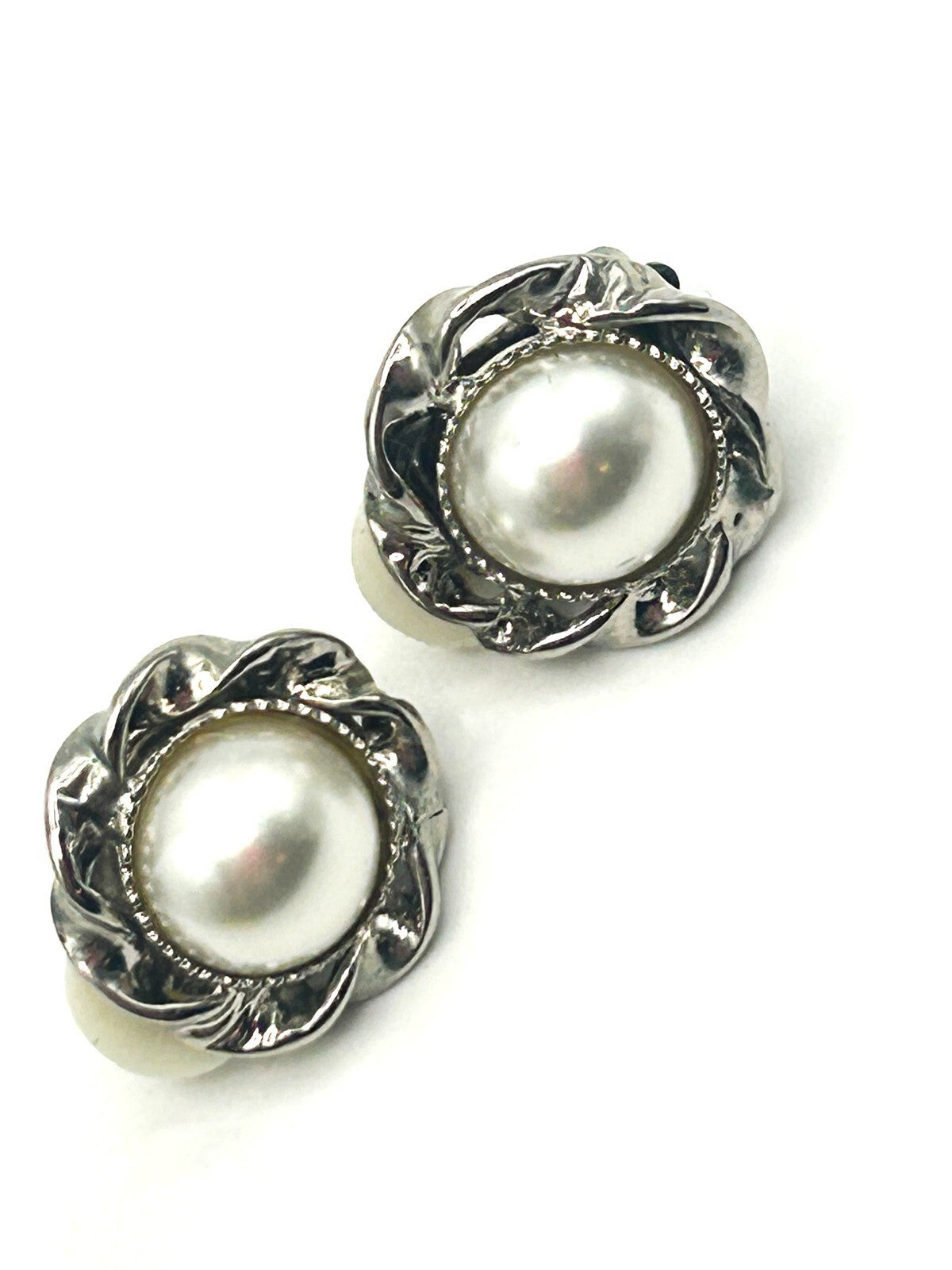Eternal Collection Faux Pearl Clip-On Earrings – Silver Tone Floral Design