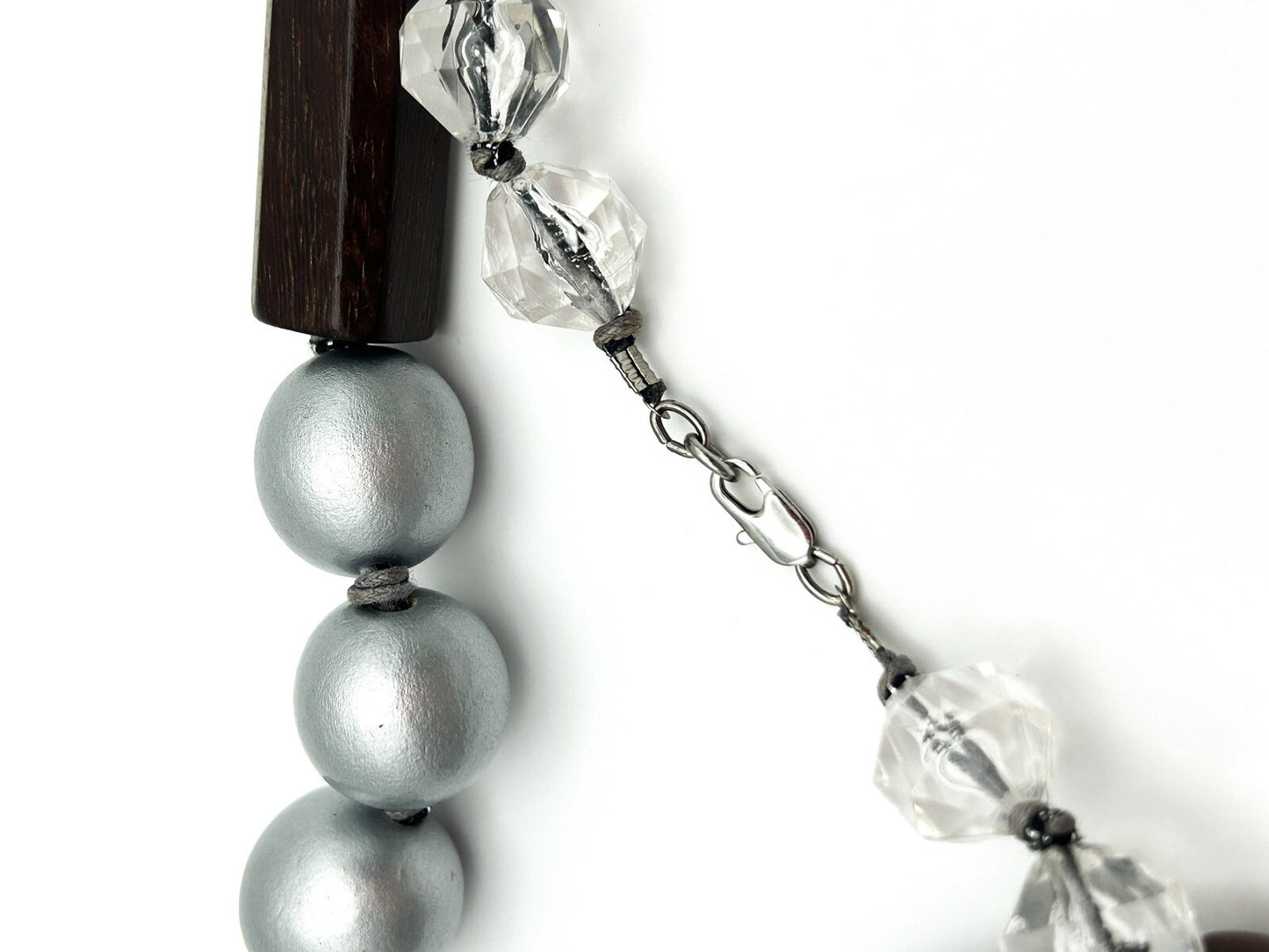 Mixed Material Statement Necklace Wood Silver Black Beads Chunky Modern 18”