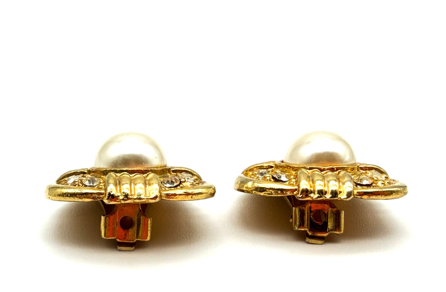 Vintage Gold Tone Faux Pearl Rhinestone Clip On Earrings Statement 1980s Retro
