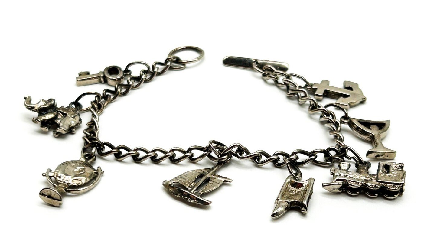 Travel Charm Bracelet Silver Tone Souvenir Holiday Theme 7” Boat Train Globe Key
