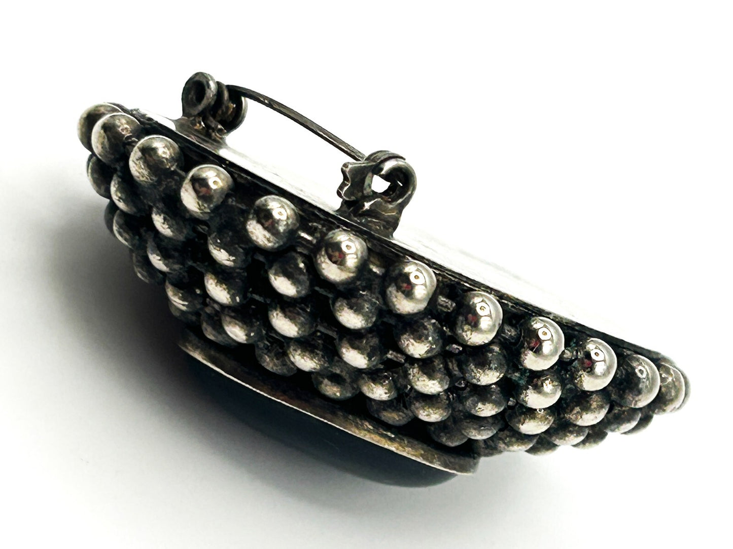 Vintage Black Cabochon Brooch Victorian Revival Style Silver Tone Domed Pin