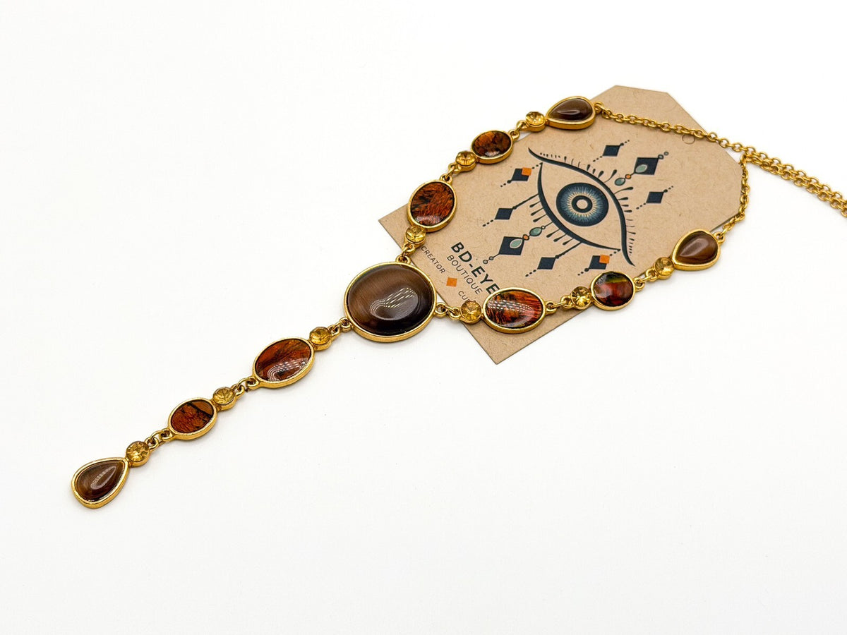 Gold Tone Y-Drop Necklace with Brown Cat’s Eye & Iridescent Orange Cabochons
