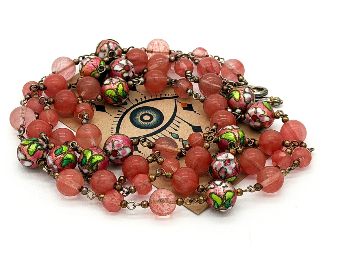 Vintage Pink Glass Bead Necklace Double Strand Cloisonné Accent Beads Summer