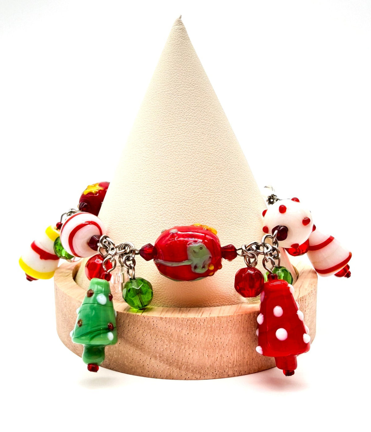 Christmas Charm Bracelet Glass Beads Festive Lampwork Red Green Xmas 8”