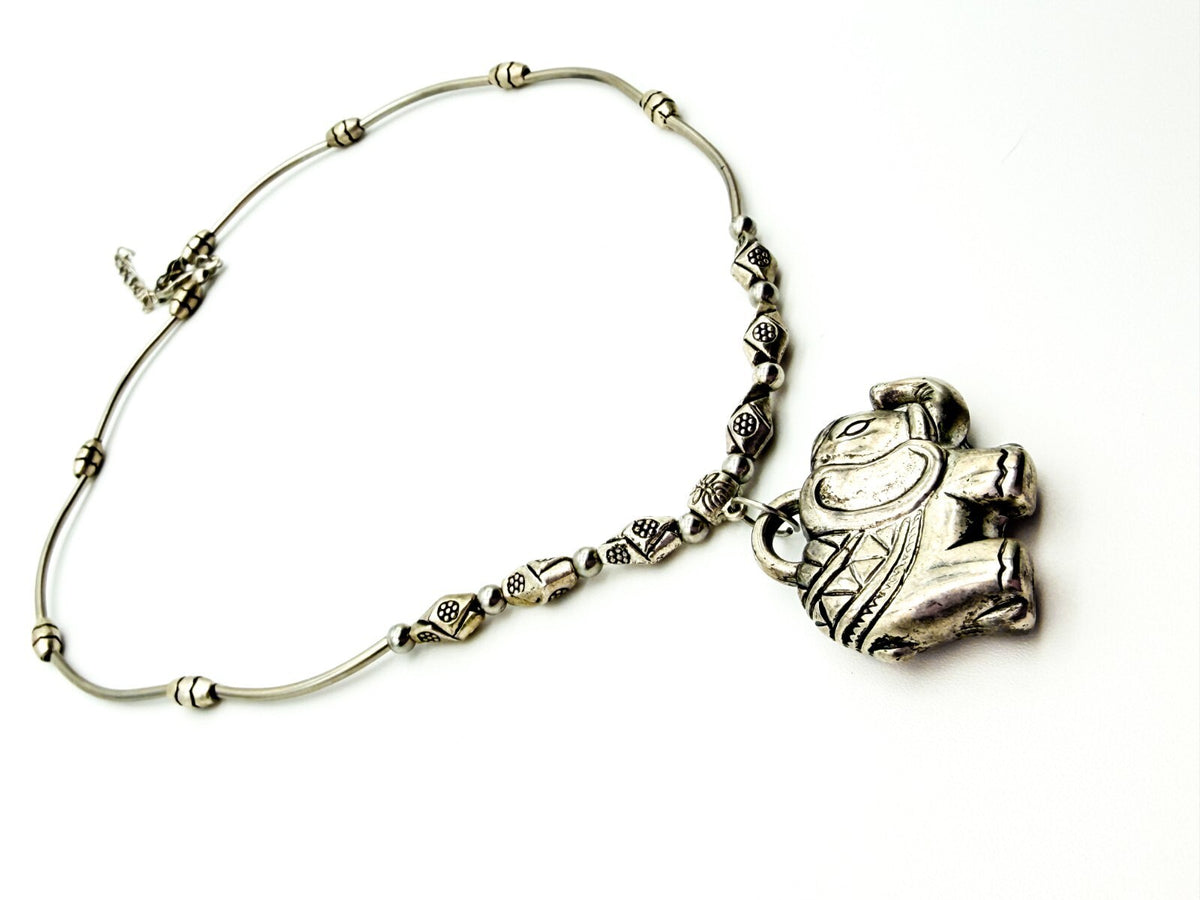 Elephant Pendant Necklace Silver Tone Beaded Tribal Boho Style Animal Charm Cute