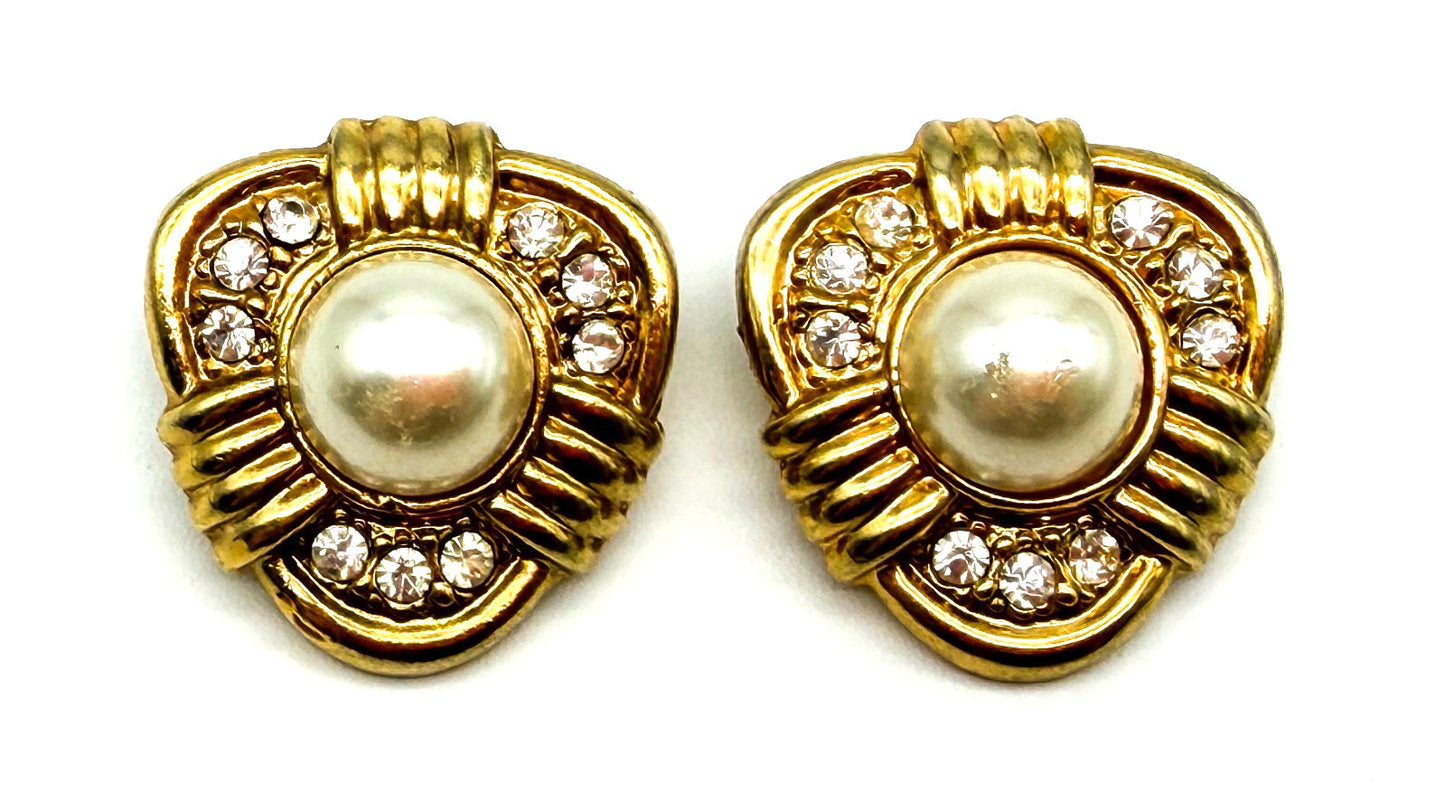 Vintage Gold Tone Faux Pearl Rhinestone Clip On Earrings Statement 1980s Retro