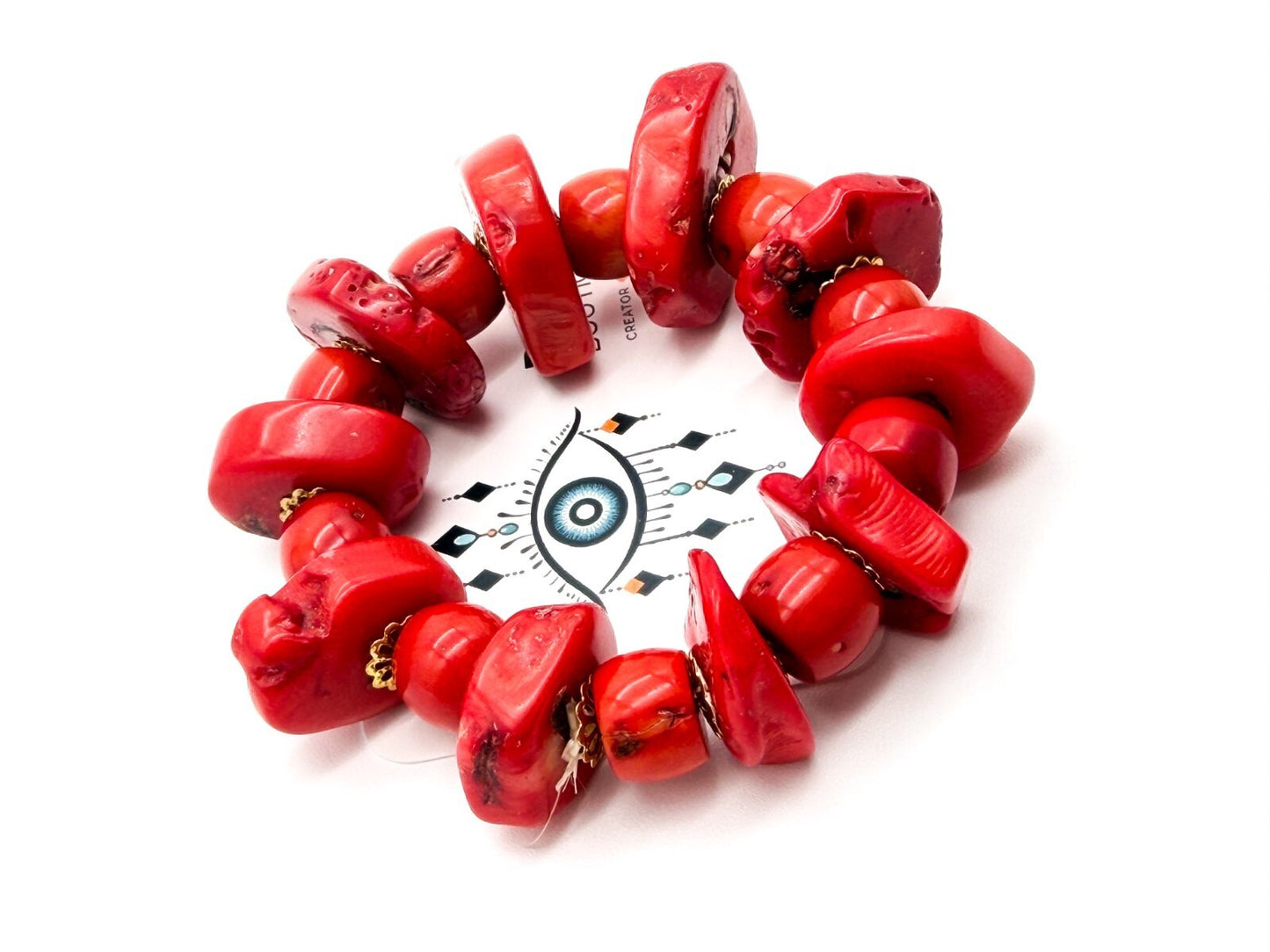 Chunky Red Coral Bracelet Elastic Stretch Statement Bracelet Gold Tone 103g