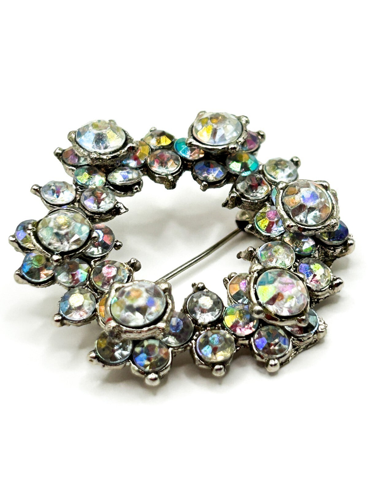 Vintage Aurora Borealis Rhinestone Wreath Brooch AB Crystal Silver Tone 1960s