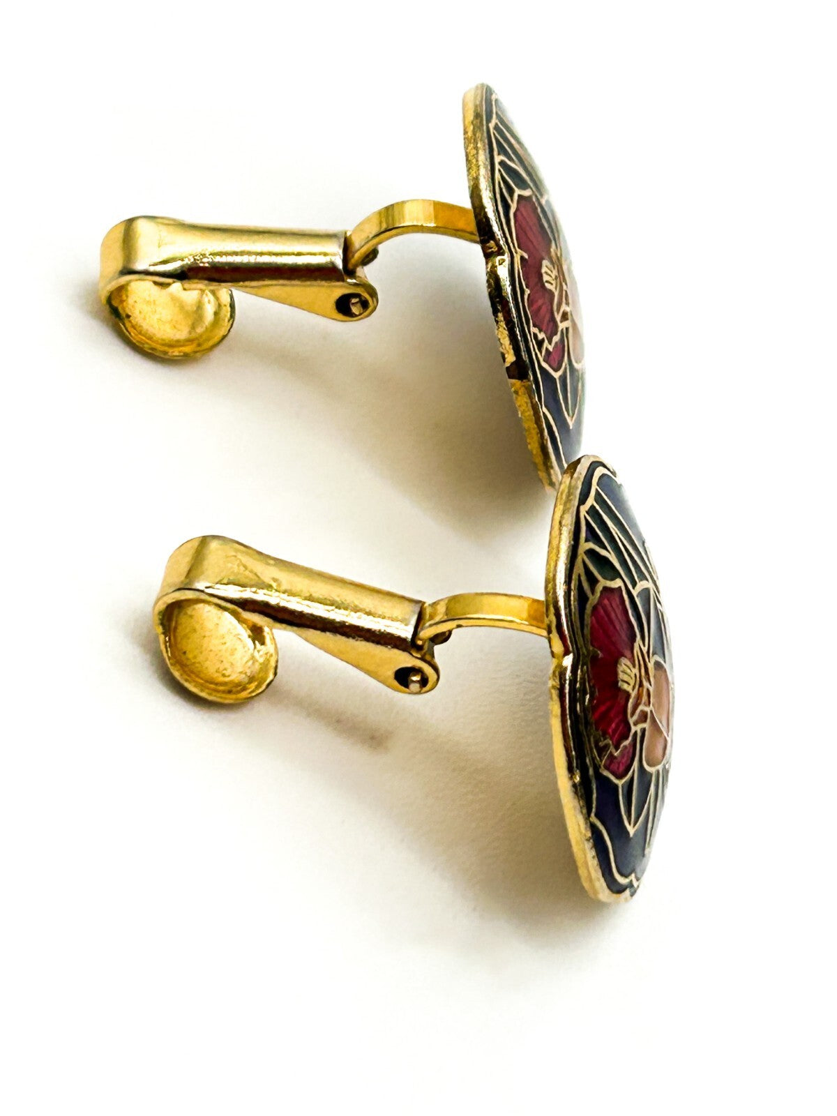 Vintage Cloisonné Floral Clip On Earrings – Blue Enamel Round Studs Red Flower