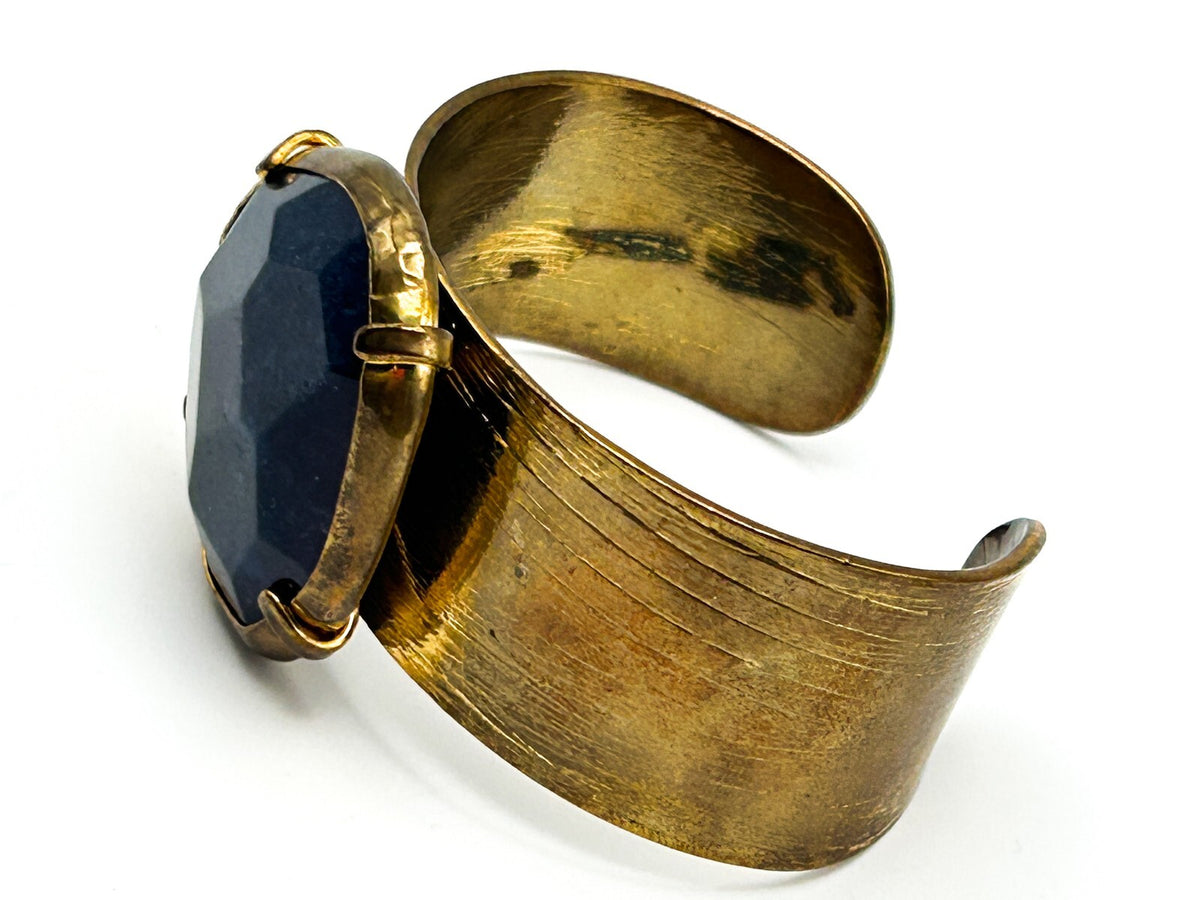 Gold Tone Brushed Cuff Bracelet with Faceted Semi-precious Blue Lepidolite Stone