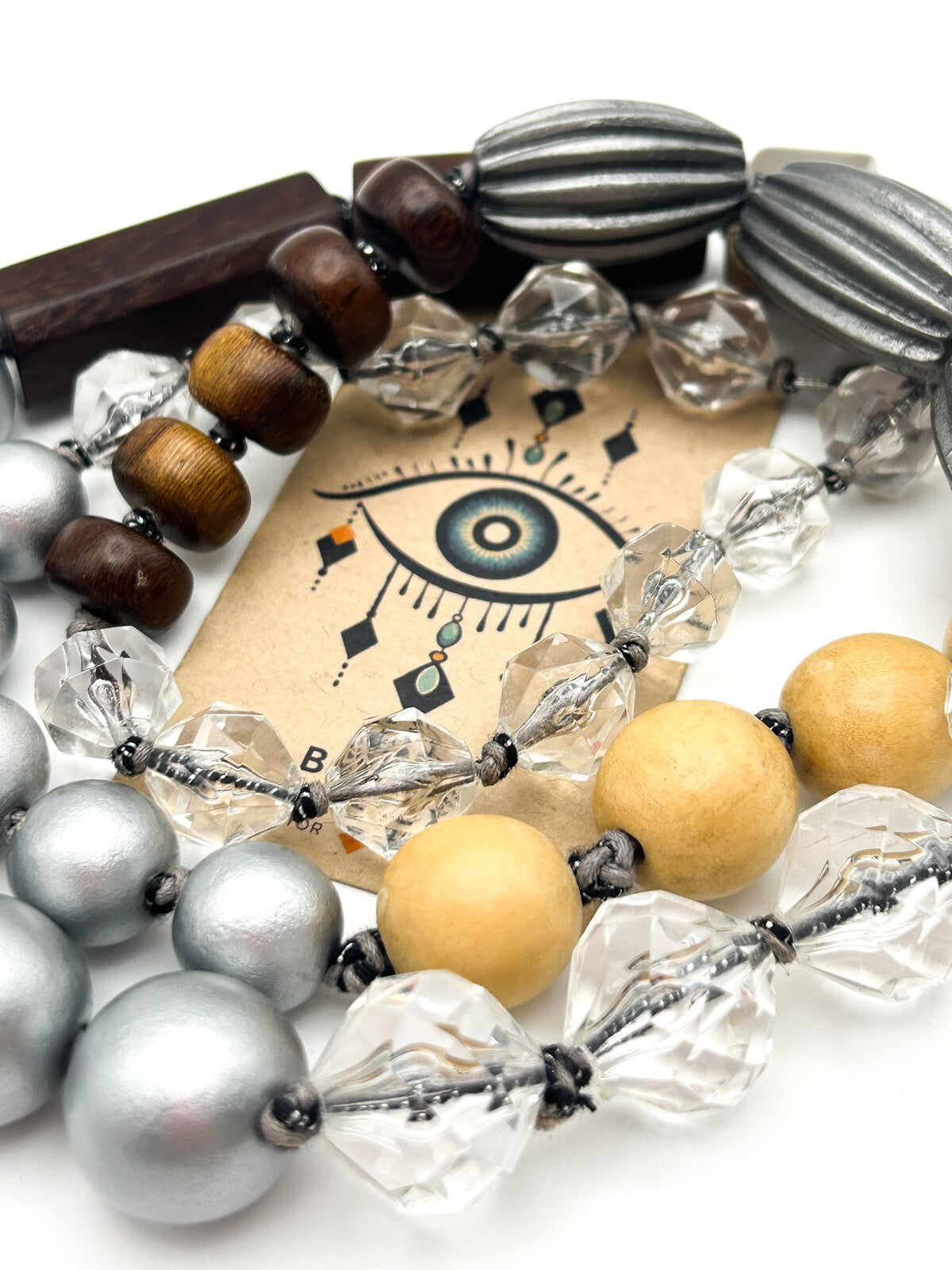 Mixed Material Statement Necklace Wood Silver Black Beads Chunky Modern 18”