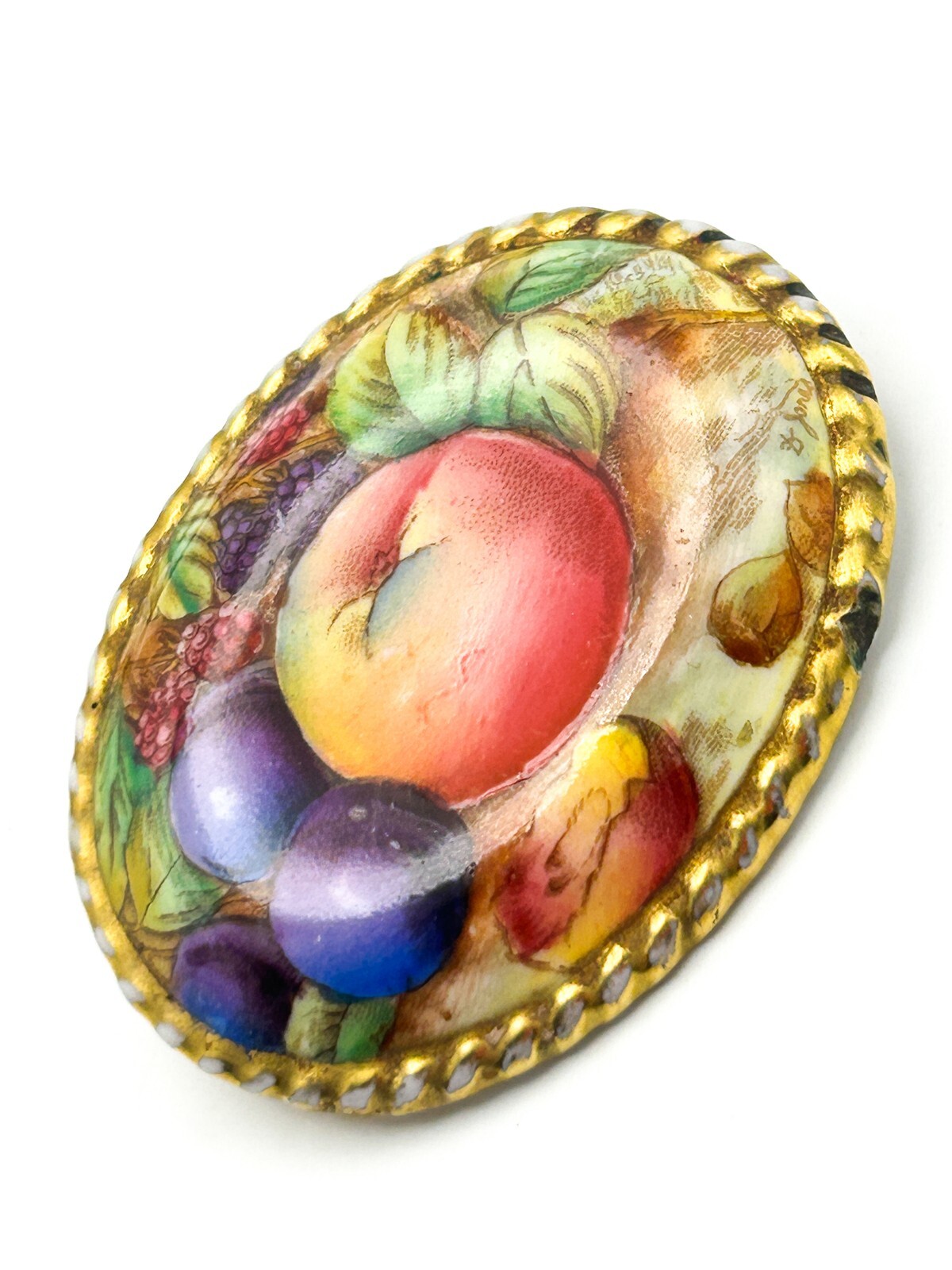 Aynsley Orchard Gold Brooch Bone China Fruit Hand Painted England