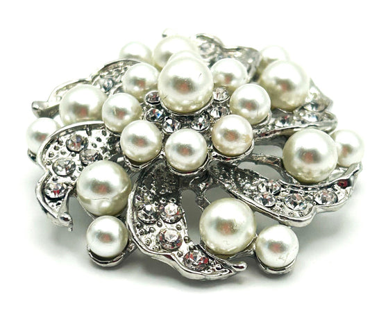 Vintage Silver Tone Pearl & Rhinestone Sparkles Swirl Statement  Brooch