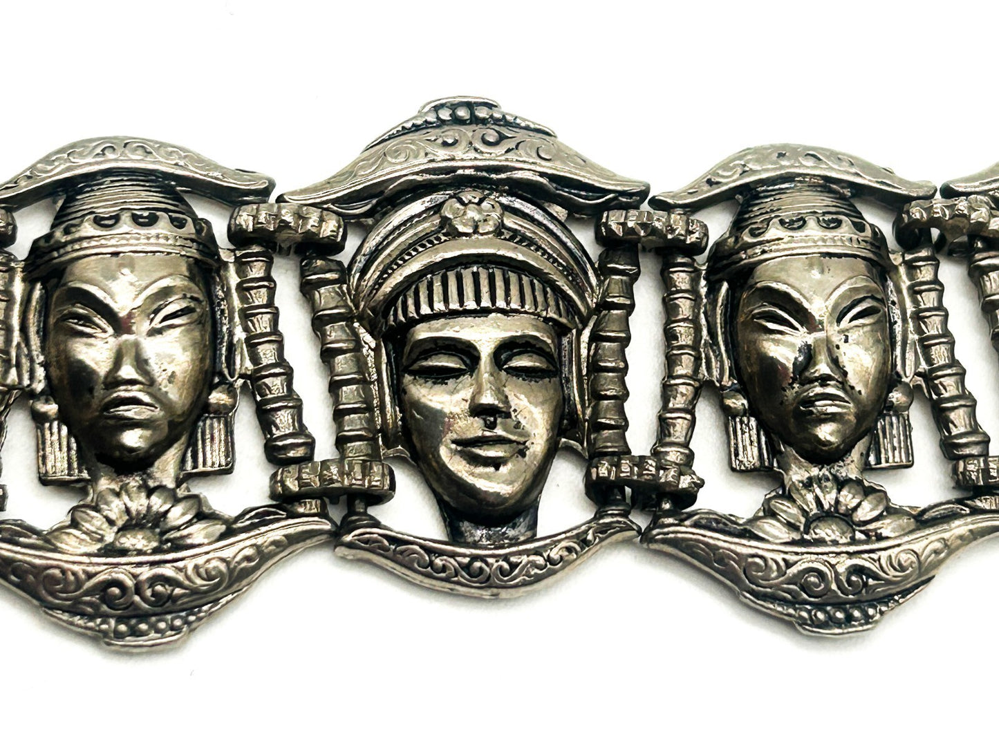 Vintage Ethnic Revival Silver Tone Panel Bracelet
