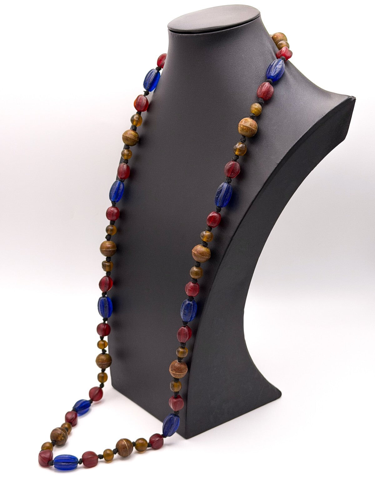 Vintage Blue, Red & Amber Frosted Glass African Trade Bead Necklace, Boho