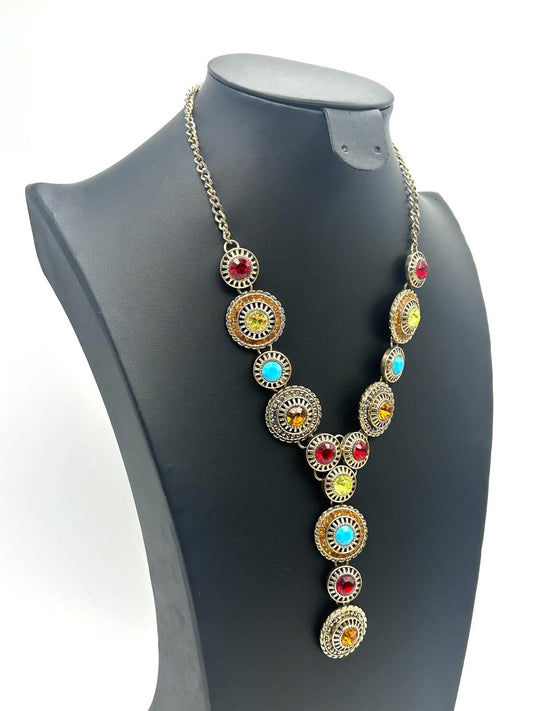Vintage Boho Ornate Articulated Gold Tone Rhinestone Coin-disc Y Necklace