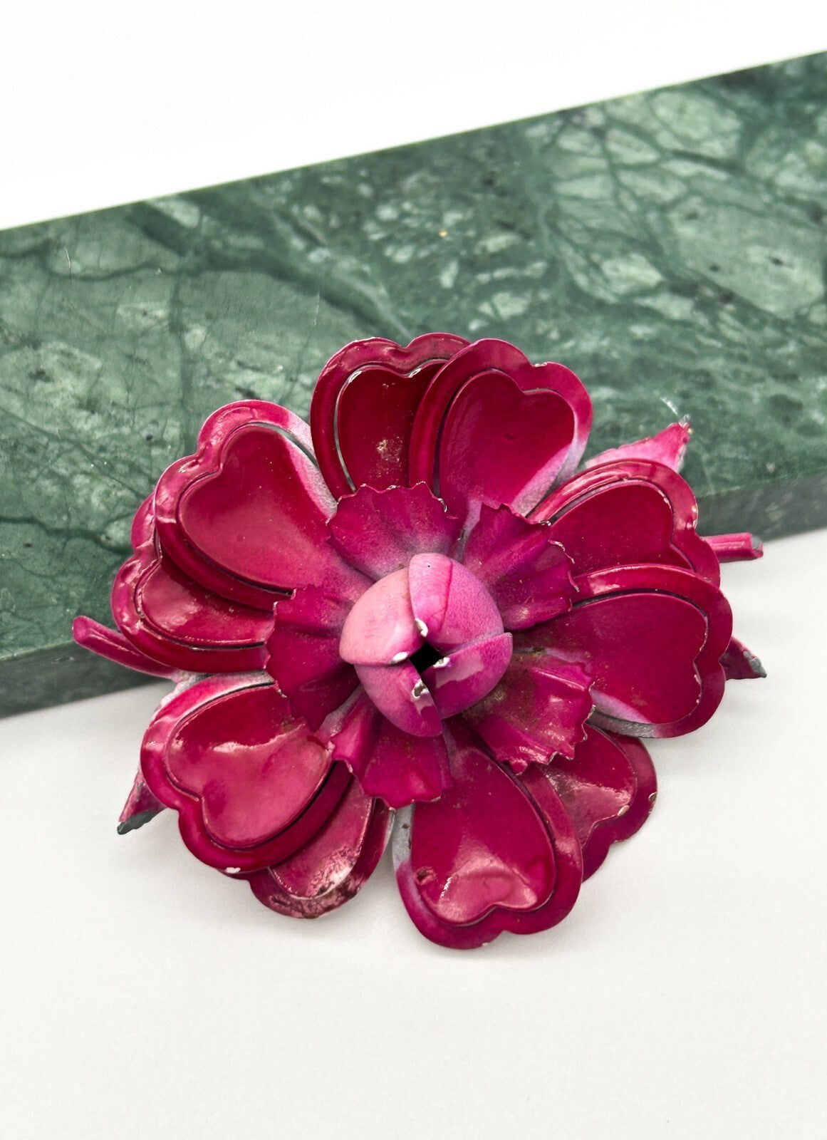 Vintage Style Hot Fuchsia Pink Flower Brooch Layered Enamel Statement Pin
