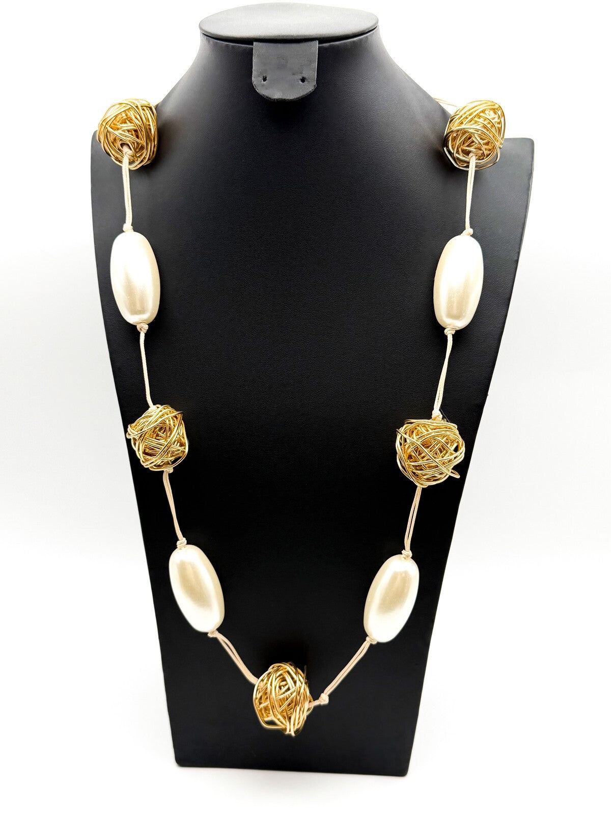 Chunky Oval Pearl & Gold Tone Hand-knotted Wire Wrapped Ball Adjustable Necklace
