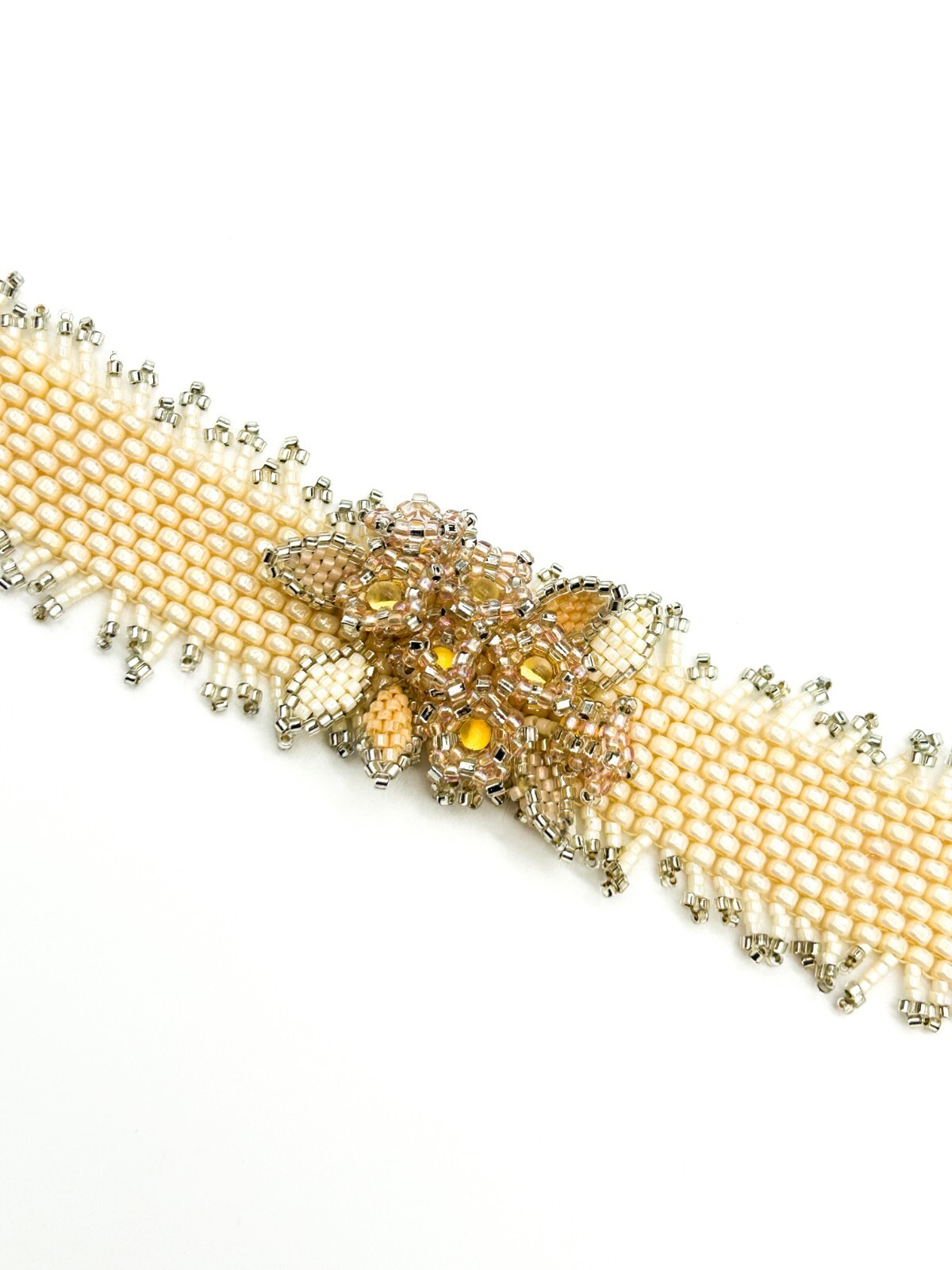 Handmade Cream & Peach Seed Bead Floral Cuff Bracelet