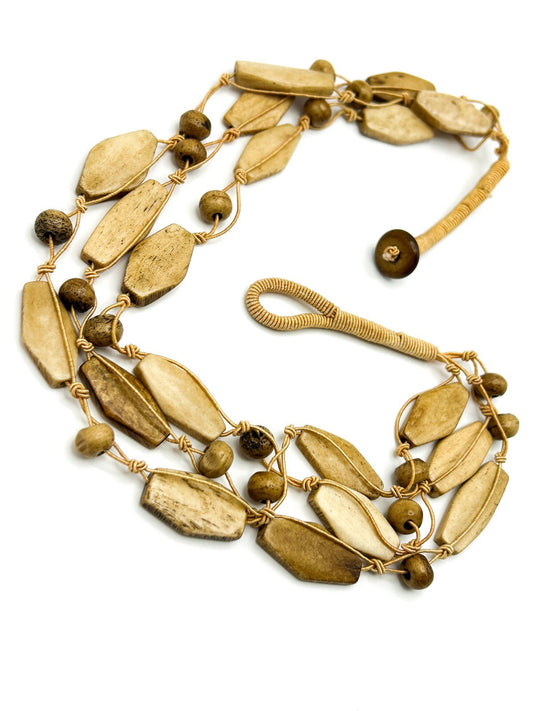 Vintage 70s Multi-Strand Macramé Organic Bead Boho Necklace - Tan & Beige 21.5"
