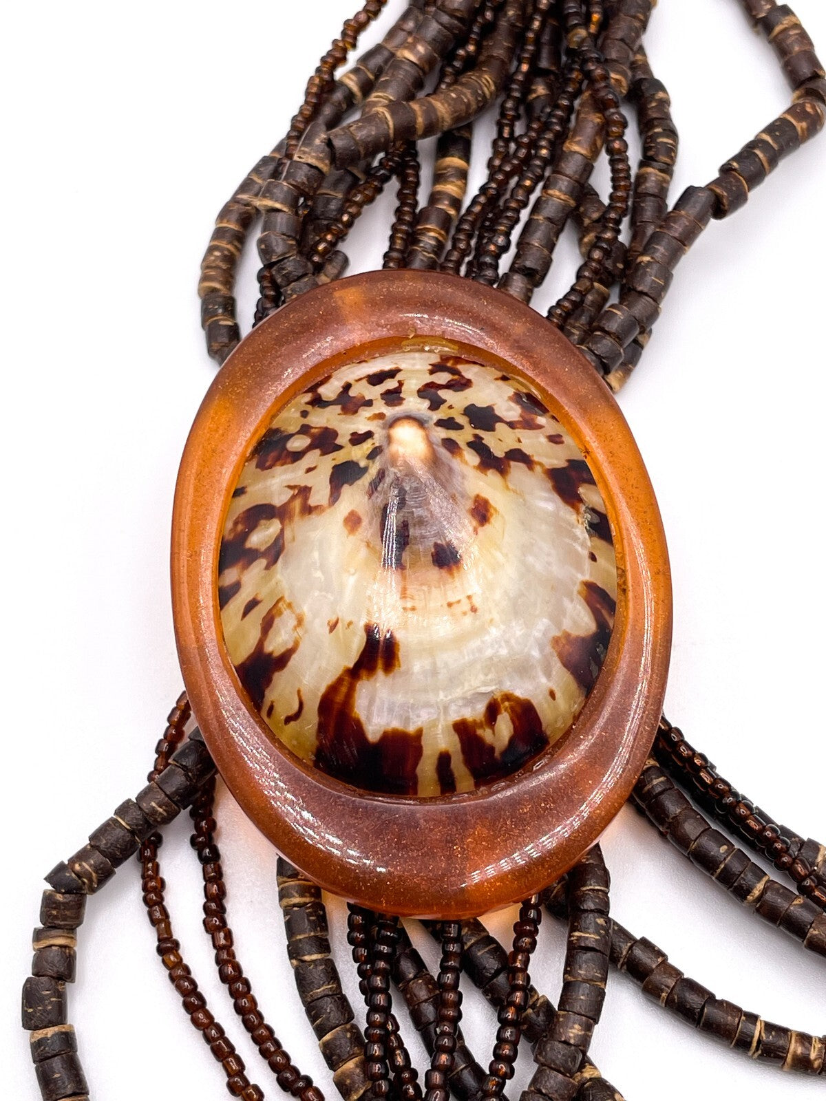 Brown Seed Bead Statement Necklace with Shell Resin Pendant Tassel