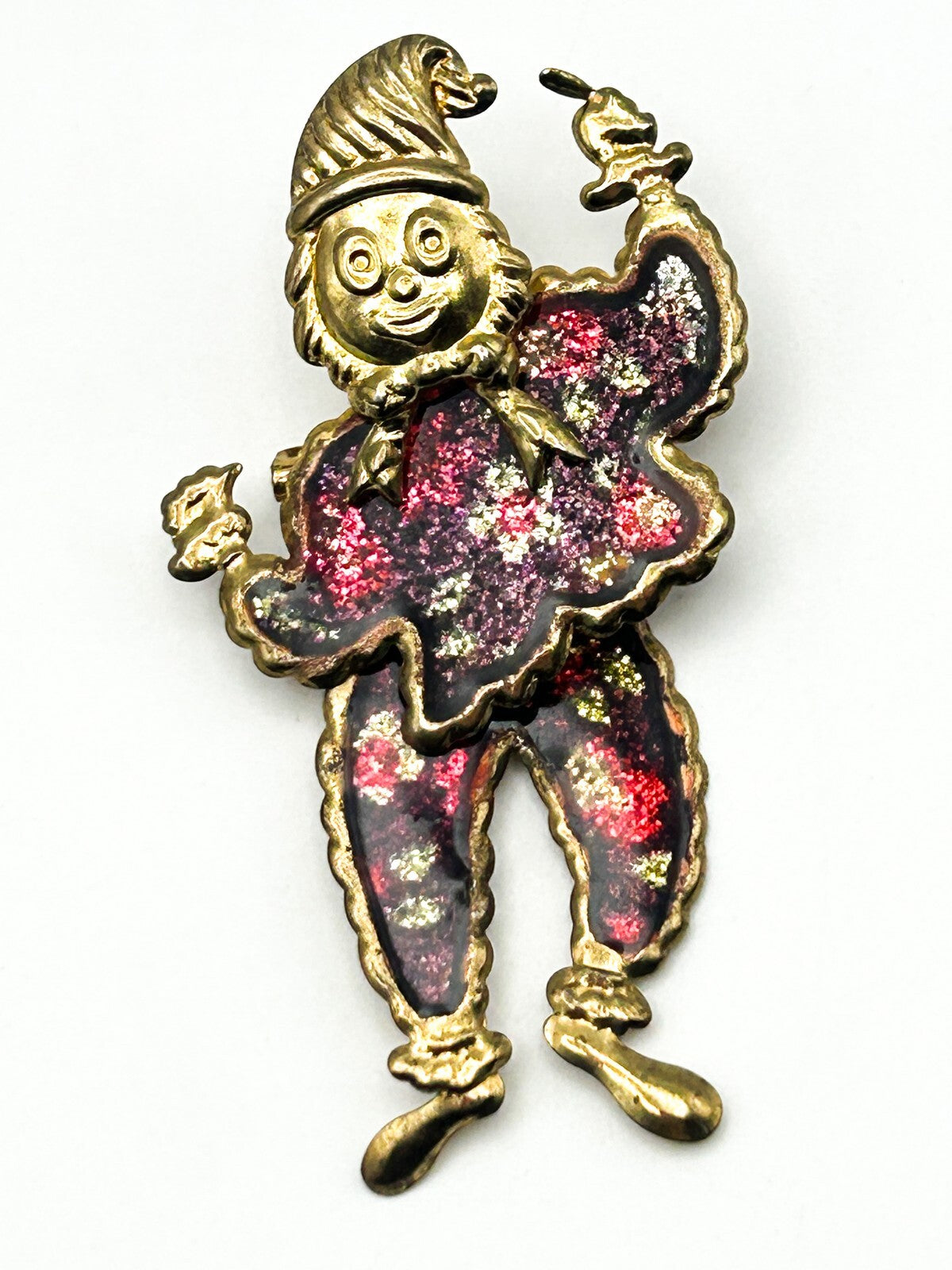 Articulated Clown Brooch Gold Tone Glitter Jester Pin