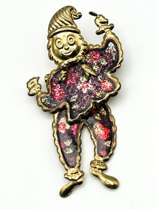 Articulated Clown Brooch Gold Tone Glitter Jester Pin