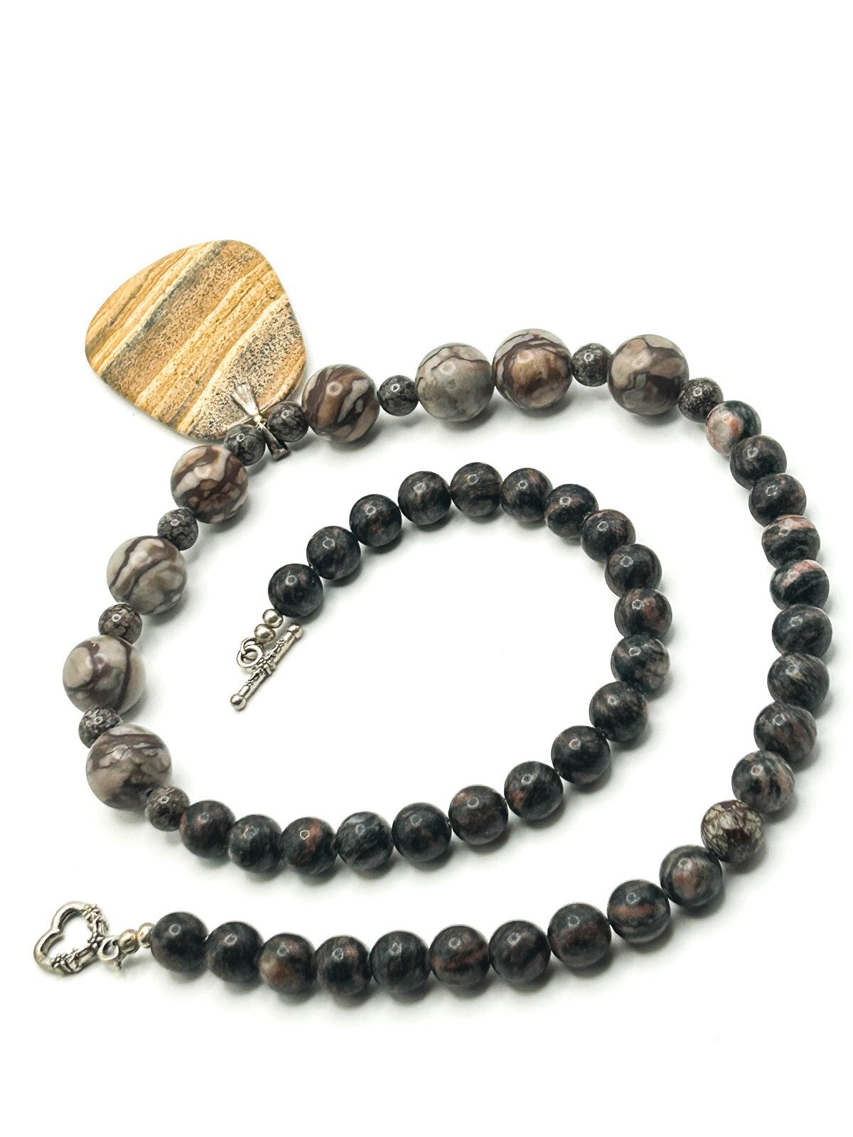 Picture Jasper Pendant Necklace – 925 Sterling Silver Bale – 26” Gemstone Boho