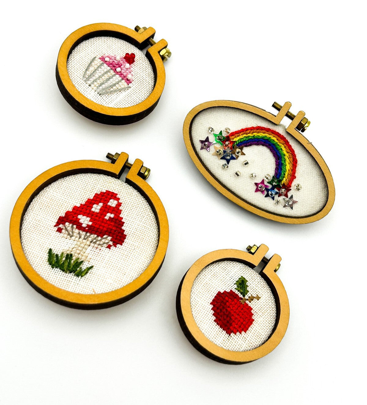 Signed Artisan Needles & Sparkles Handmade Embroidered Brooch Bundle (Set of 4)